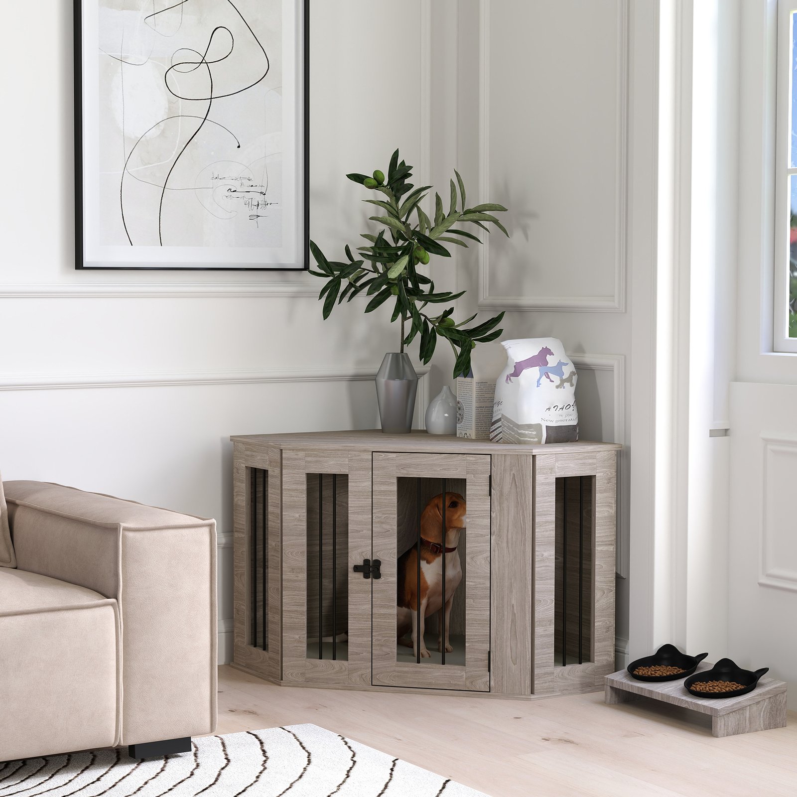Dog Crate Furniture Side Table, with Cushion, 104 x 55 x 63cm - Walnut Brown - Image 9