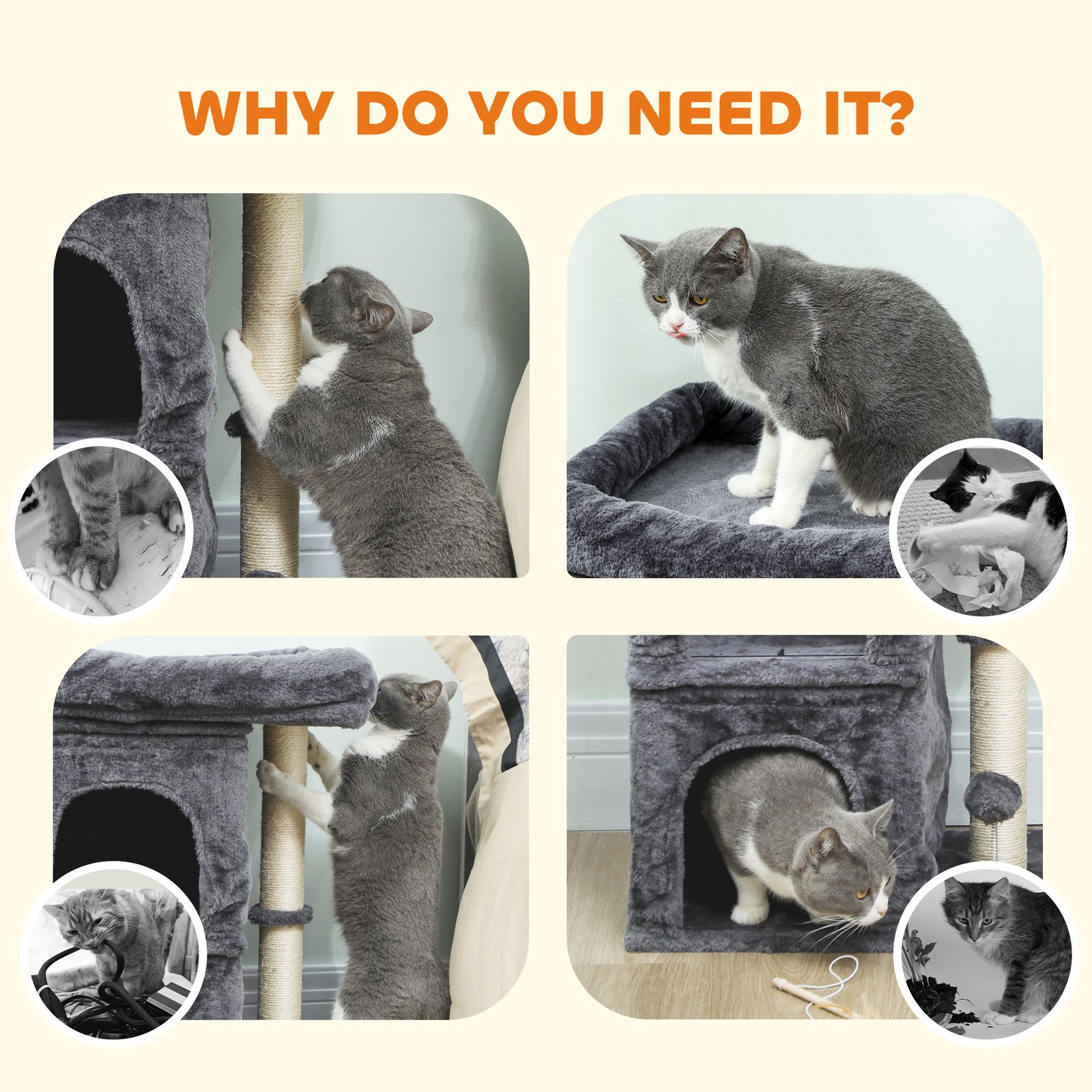 66 cm Small Cat Tree for Large Cats, Cat Tower w/ Large Top Perch, 2 Condos, Sisal Scratching Post, Toy Ball, Dark Grey
