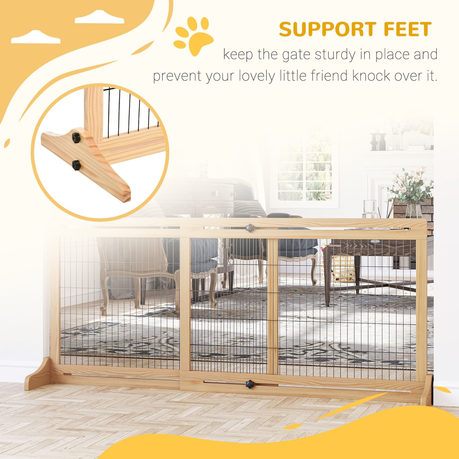 Freestanding Dog Gate, Foldable Pet Fence, Indoor Wood Barrier, Stair Gate with Support Feet, for Doorway, Hallway, Small and Medium Dogs, 69H x 104-180 cm, Natural Wood Finish