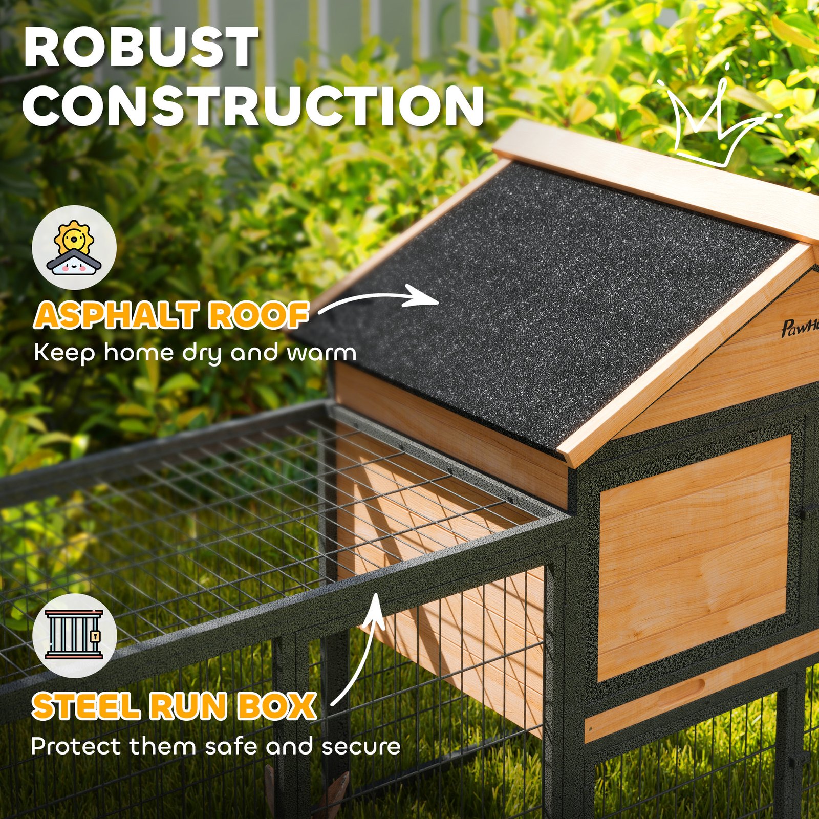 Wooden Rabbit Hutch Outdoor with Steel Run, Wooden Guinea Pig Cage with Removable Plastic Tray, Asphalt Roof, Ramp - Image 5
