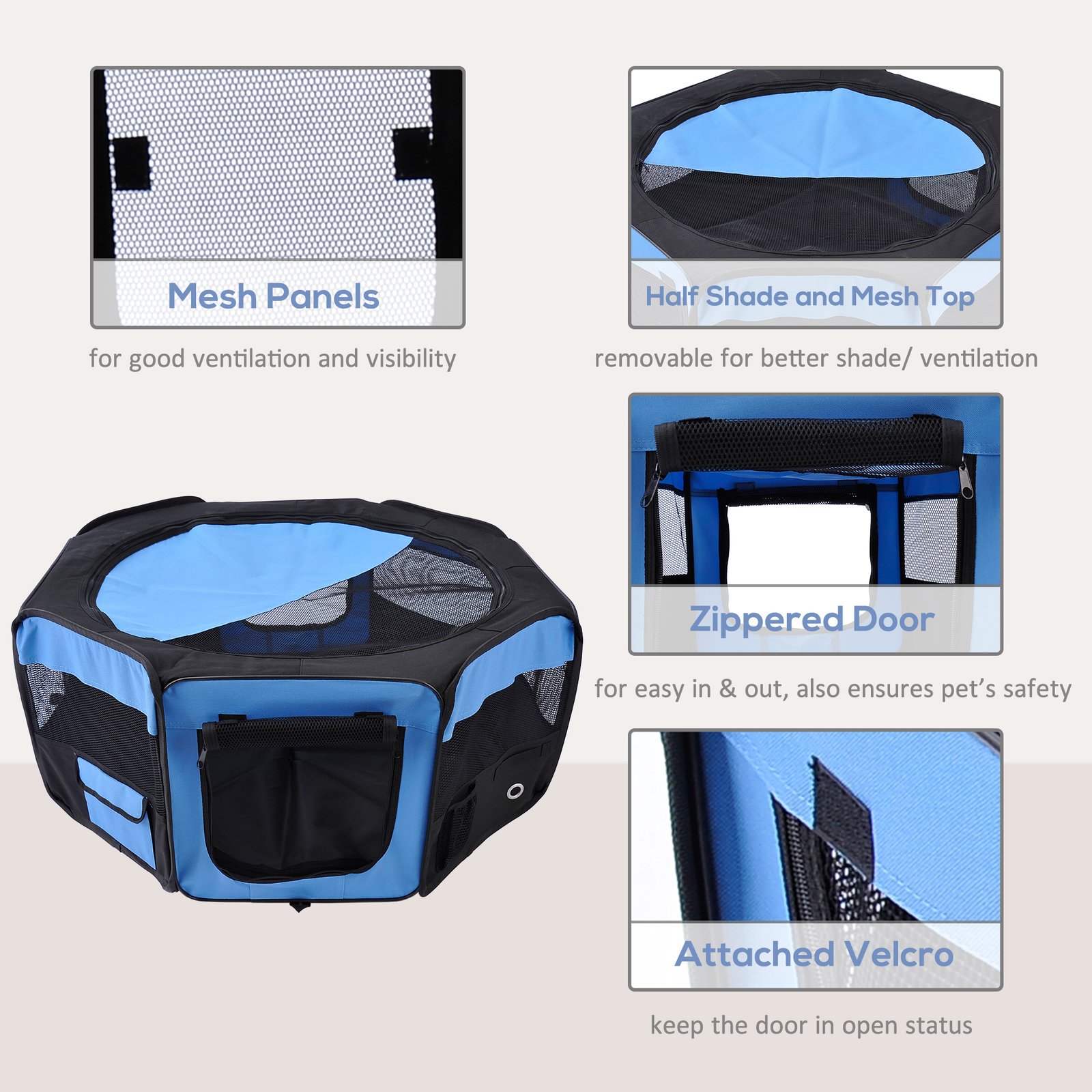 600D Oxford Soft Fabric Kennel, Portable Lightweight Cat Dog Playpen, Foldable Pet Puppy Rabbit Guinea Pig Pen Run Dia 90 x 41H cm Indoor & Outdoor Blue
