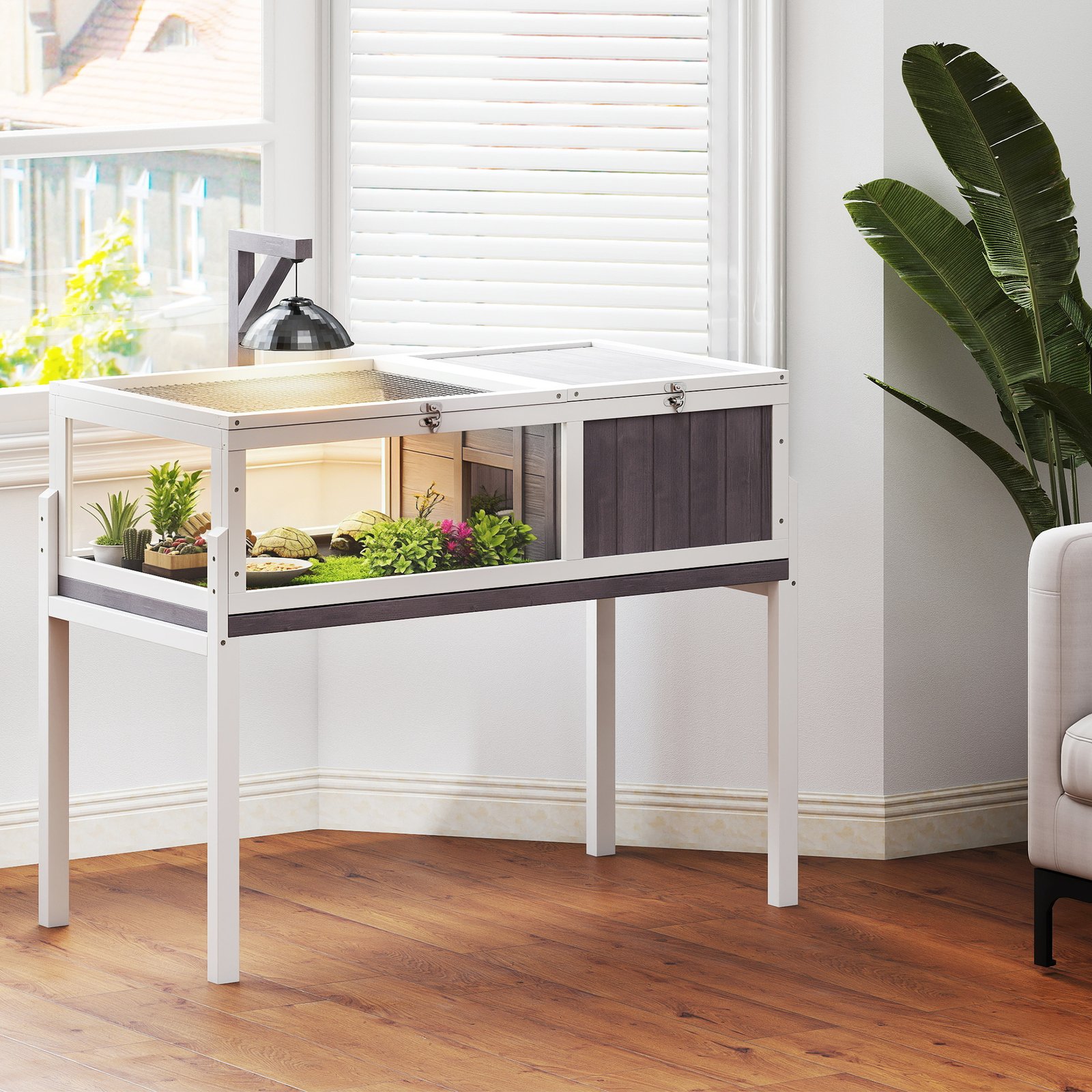 Wooden Tortoise House with Dual-Zone Habitat, Clear Panels, Openable Top, Metal Mesh, for Tortoises and Small Pets, Grey
