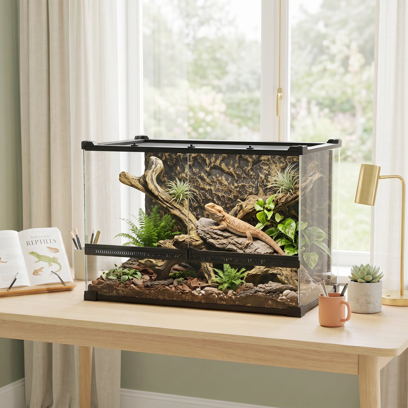 Reptile Glass Terrarium with Stone Background, Front Ventilation, Escape-Proof Knob Lock, 50 x 30 x 35 cm, Black