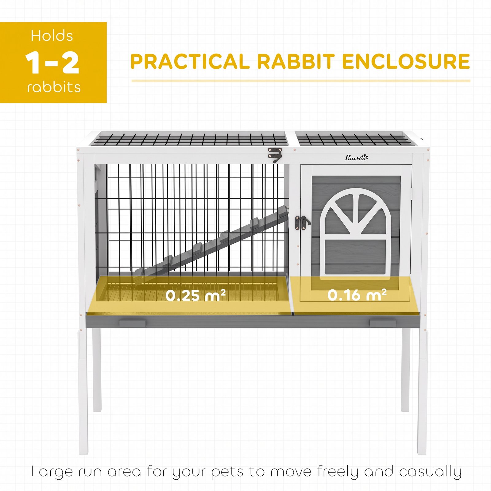 Wooden Rabbit Hutch, Guinea Pig Cage, with Removable Tray, Openable Roof, Grey