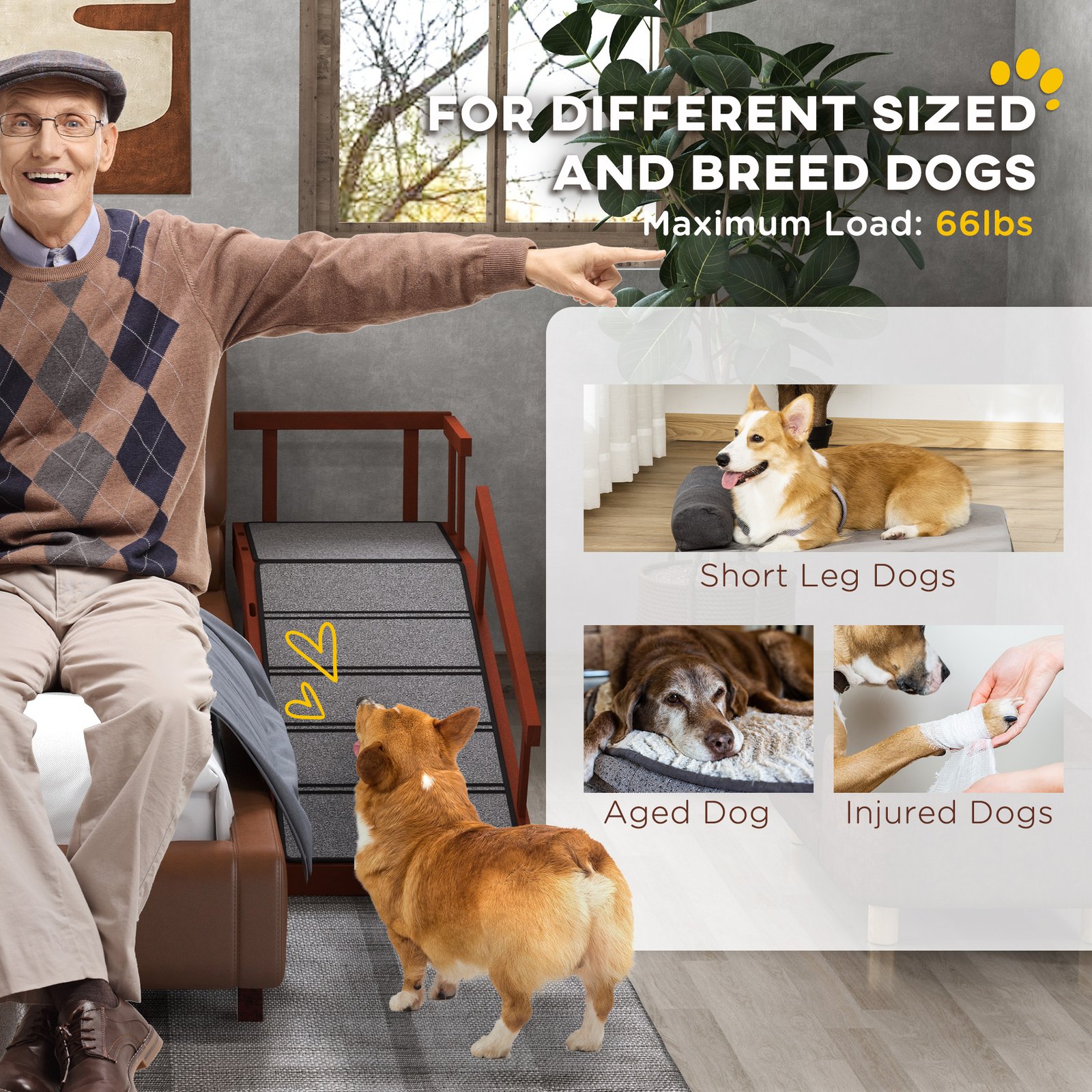 Wooden Dog Ramp with Removable Guardrails, Non-Slip Surface, 125 cm Long, Brown