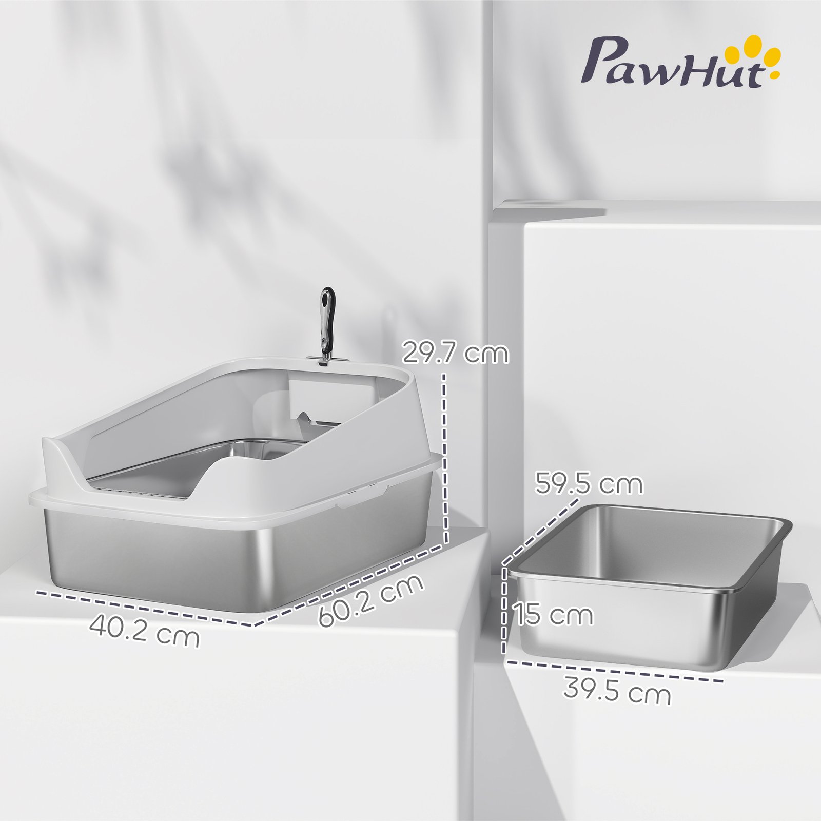 XL Stainless Steel Cat Litter Box with High Sides, Metal Scoop, 60 x 40 x 30 cm