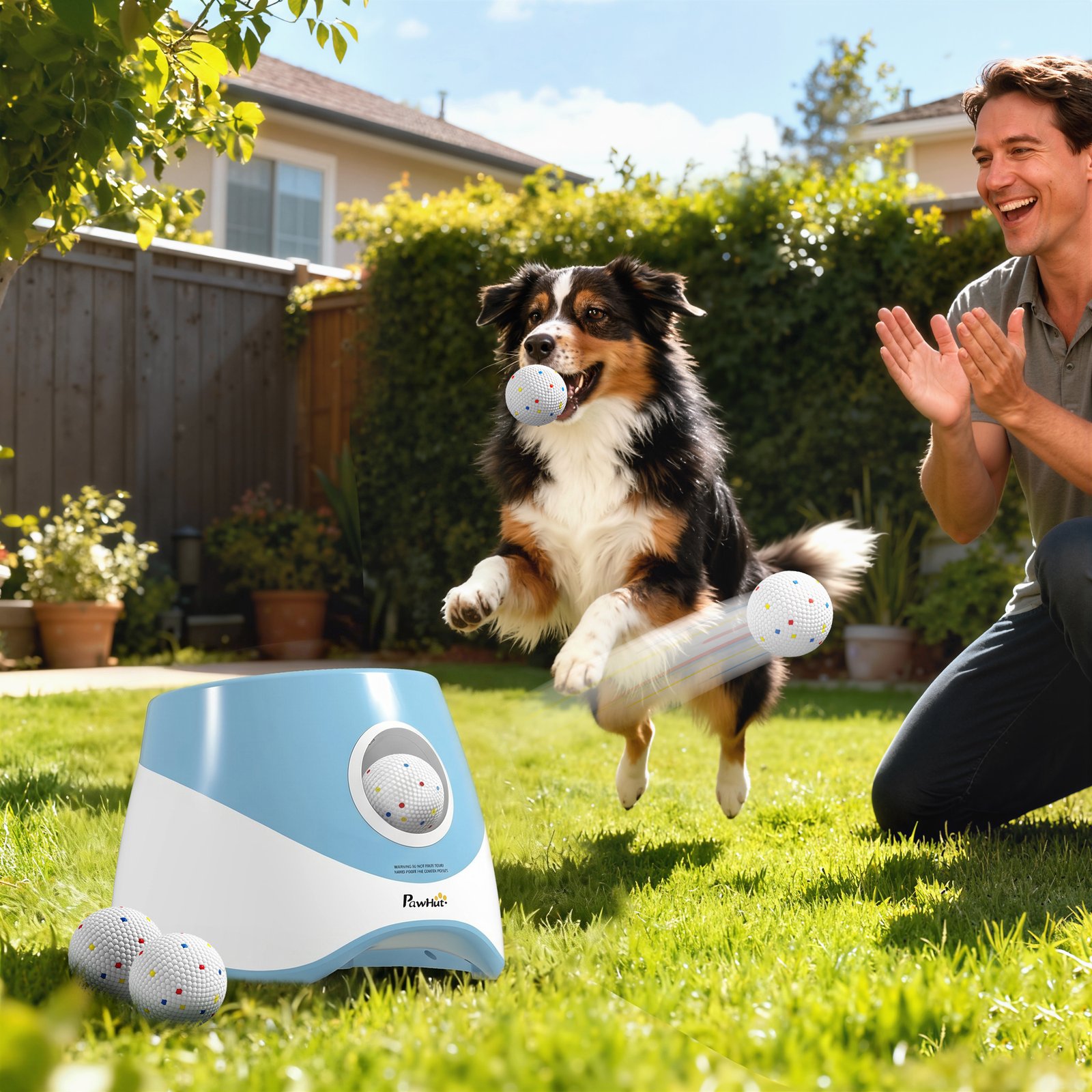 Automatic Dog Ball Launcher with 5 ETPU Balls 5.8 cm, 3 Distance Settings 6/10/14 m, Blue