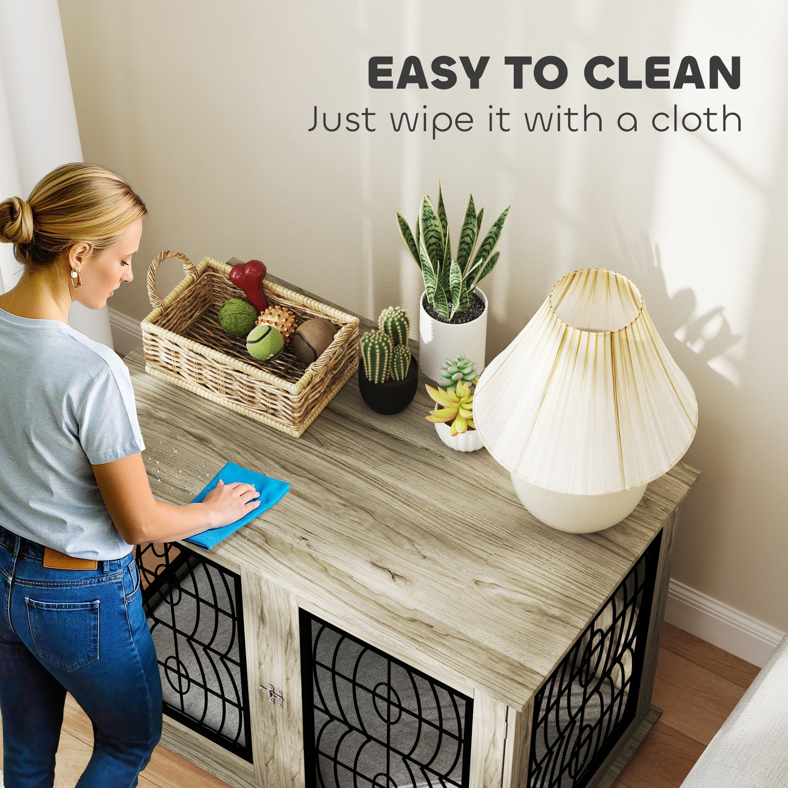 Indoor Dog Crate Furniture End Table with Soft Washable Cushion, Lockable Front Door, for Large Dogs - Grey