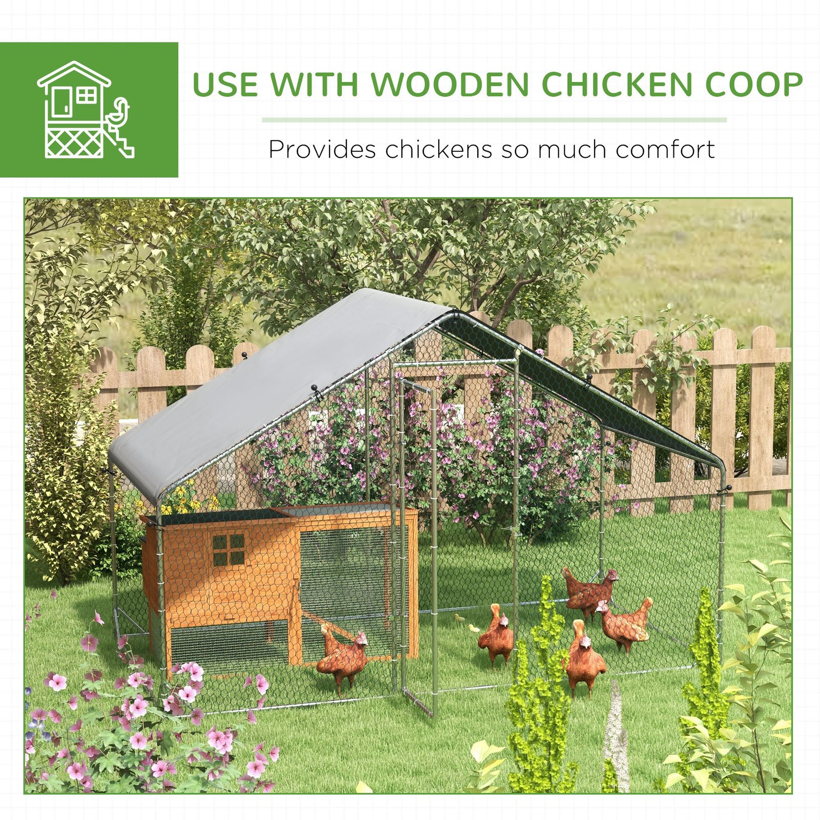 Large Chicken Coop, Galvanised Walk In Chicken Coop Hen House w/ Water-Resist Cover, Grey - Image 4