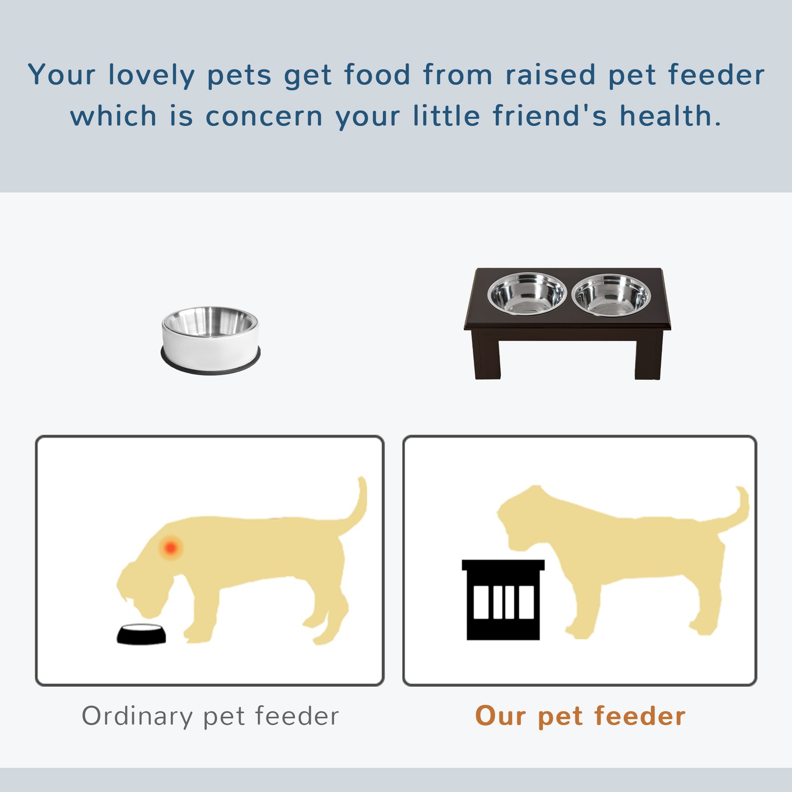Raised Dog Feeding Bowls with Stand, Stainless Steel for Medium Dog, 58L x 31W x 25H cm - Brown - Image 4
