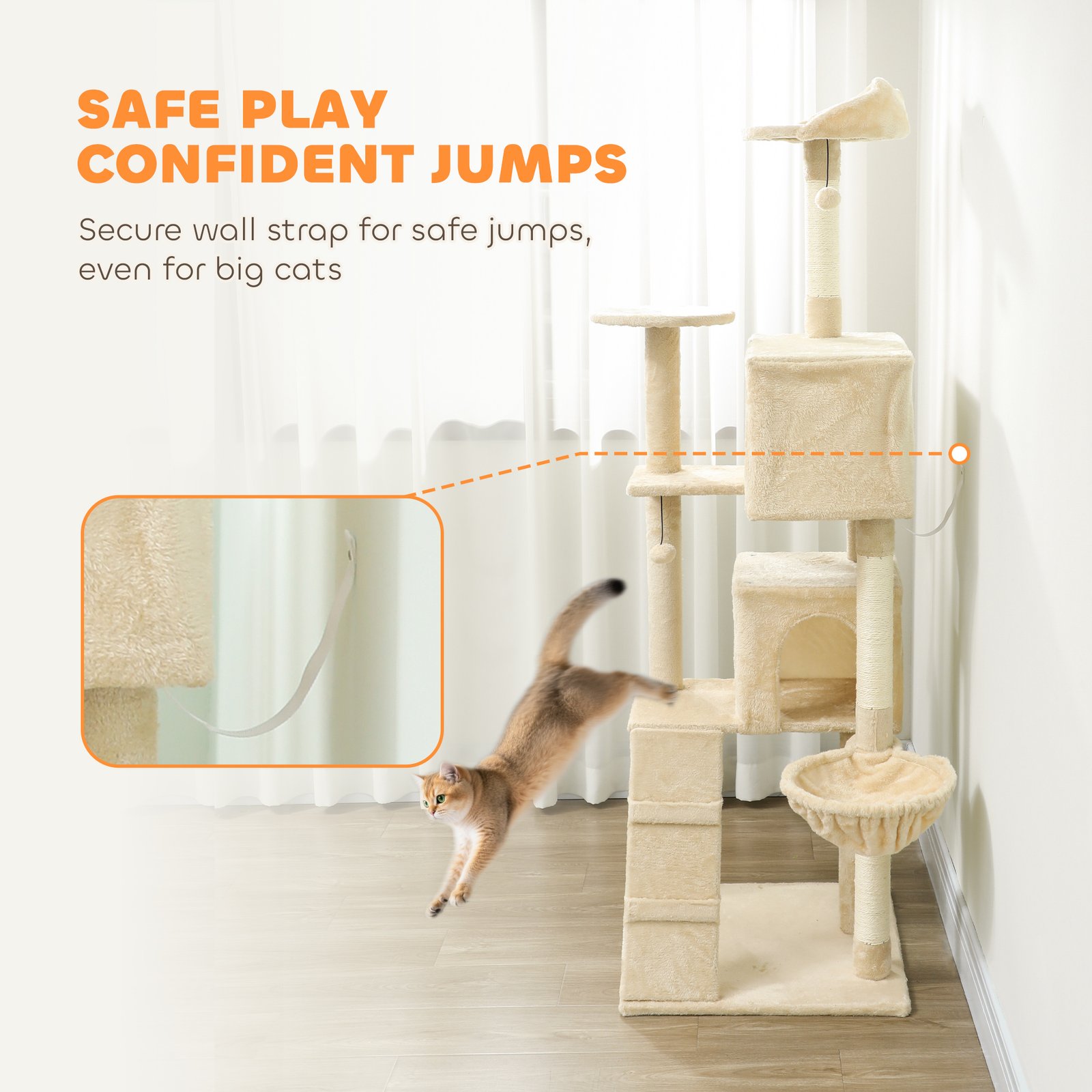 180cm Large Cat Tree Tower with Sisal Scratching Posts, Condos, Plush Perches, Hammock, Ladder, Beige