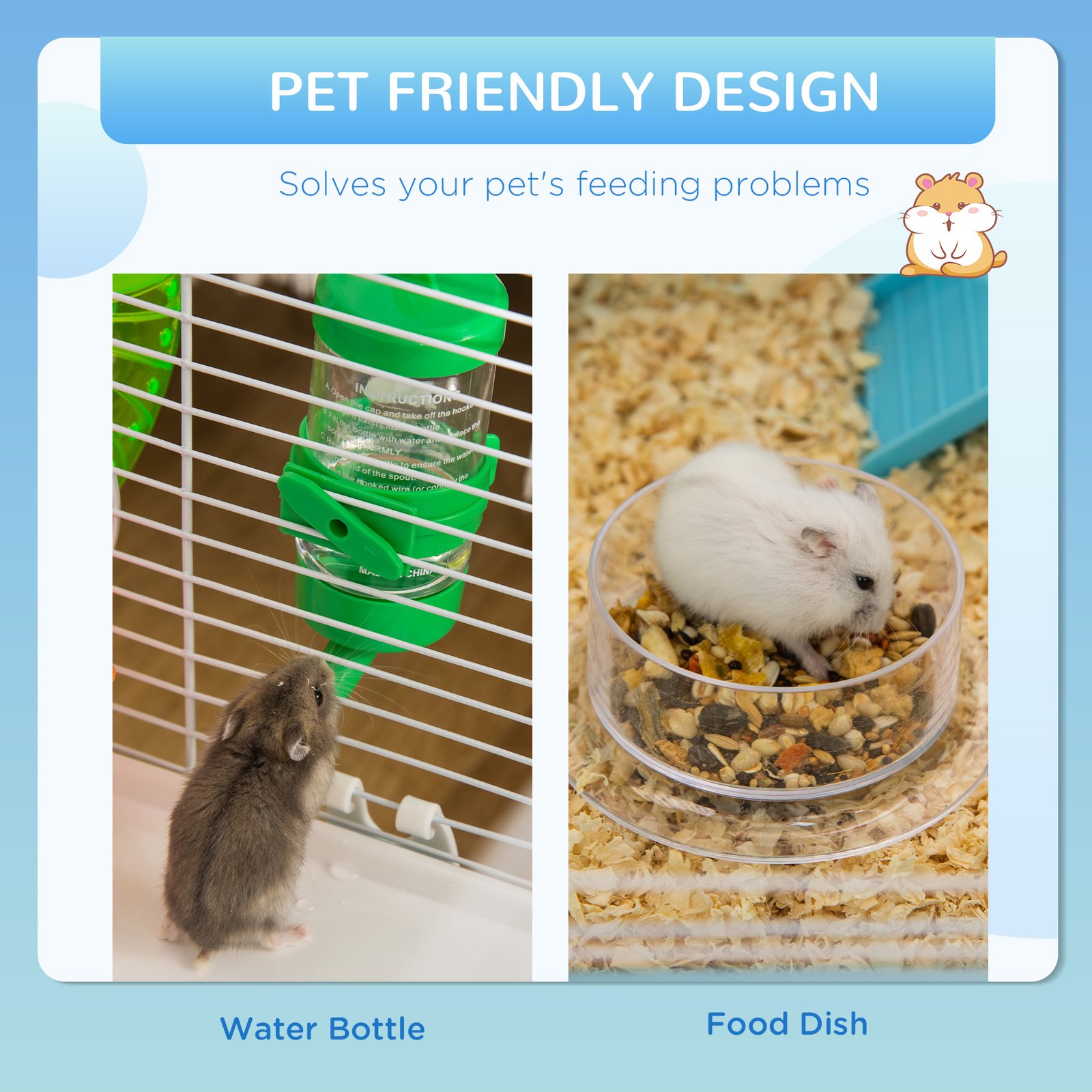 Hamster Cage, Gerbil Cage 3 Tier for Dwarf Hamster with Tube, Exercise Wheel, Water Bottle, Food Dish 59 x 36 x 47 cm- Blue - Image 5