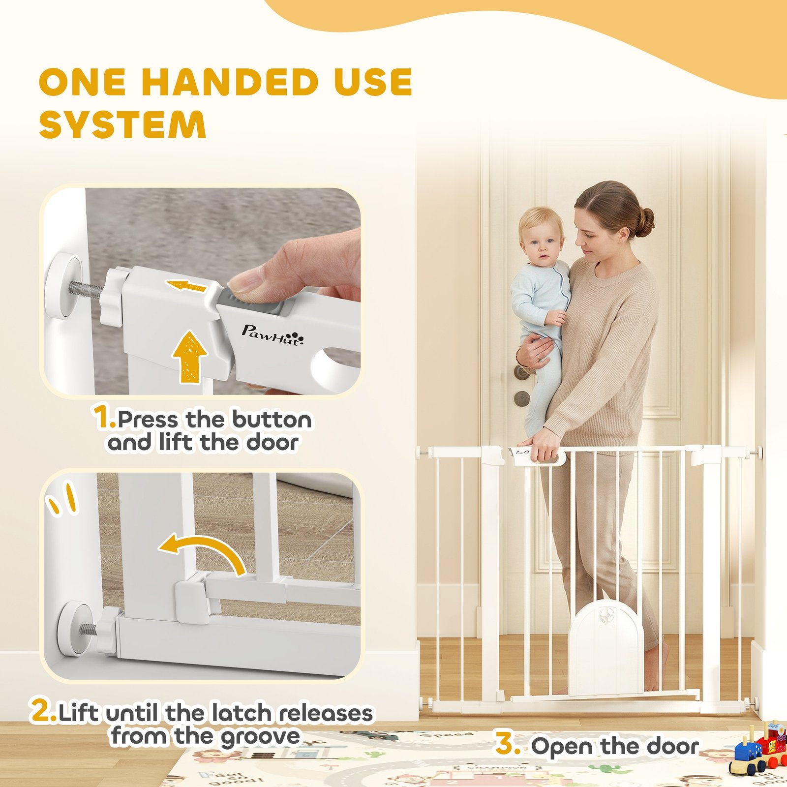 Dog Gate with Cat Flap Pet Safety Gate Barrier, Stair Pressure Fit, Auto Close, Double Locking, for Doorways, Hallways, 75-103 cm White
