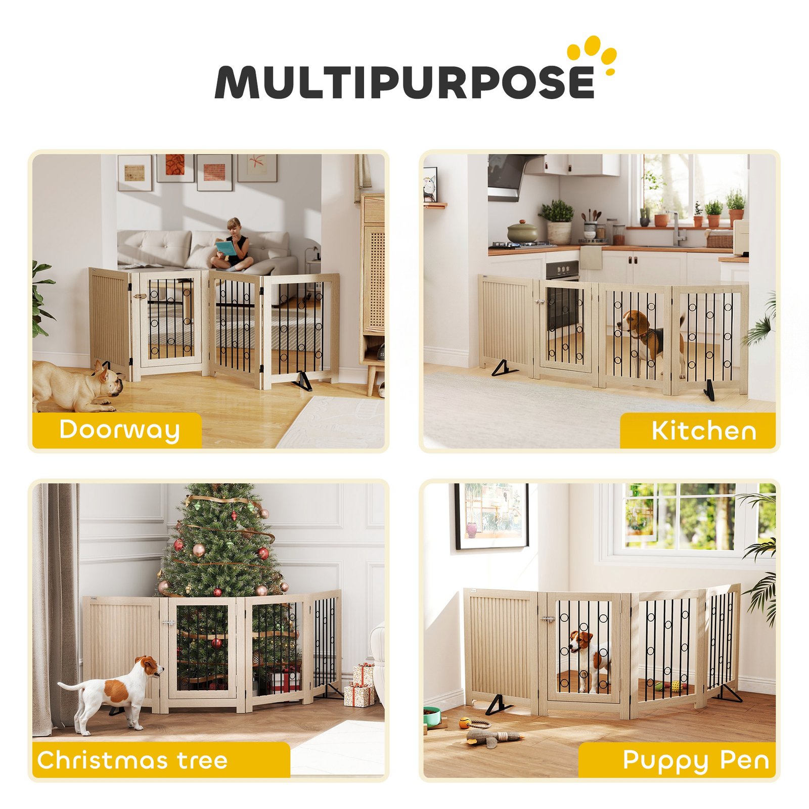 4 Panel Freestanding Pet Gate, Indoor Dog Barrier with Lockable Door, Support Feet, 360° Flexible Hinges, Oak