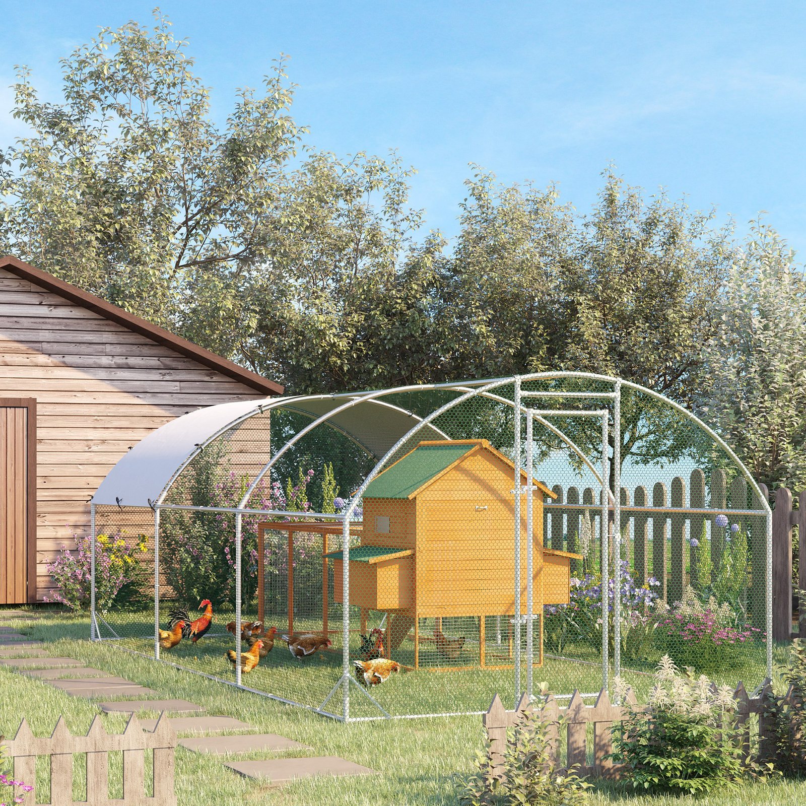 Large Galvanised Chicken Coop with Cover 5.7x2.8x2m Outdoor for Hens - Silver Grey - Image 9