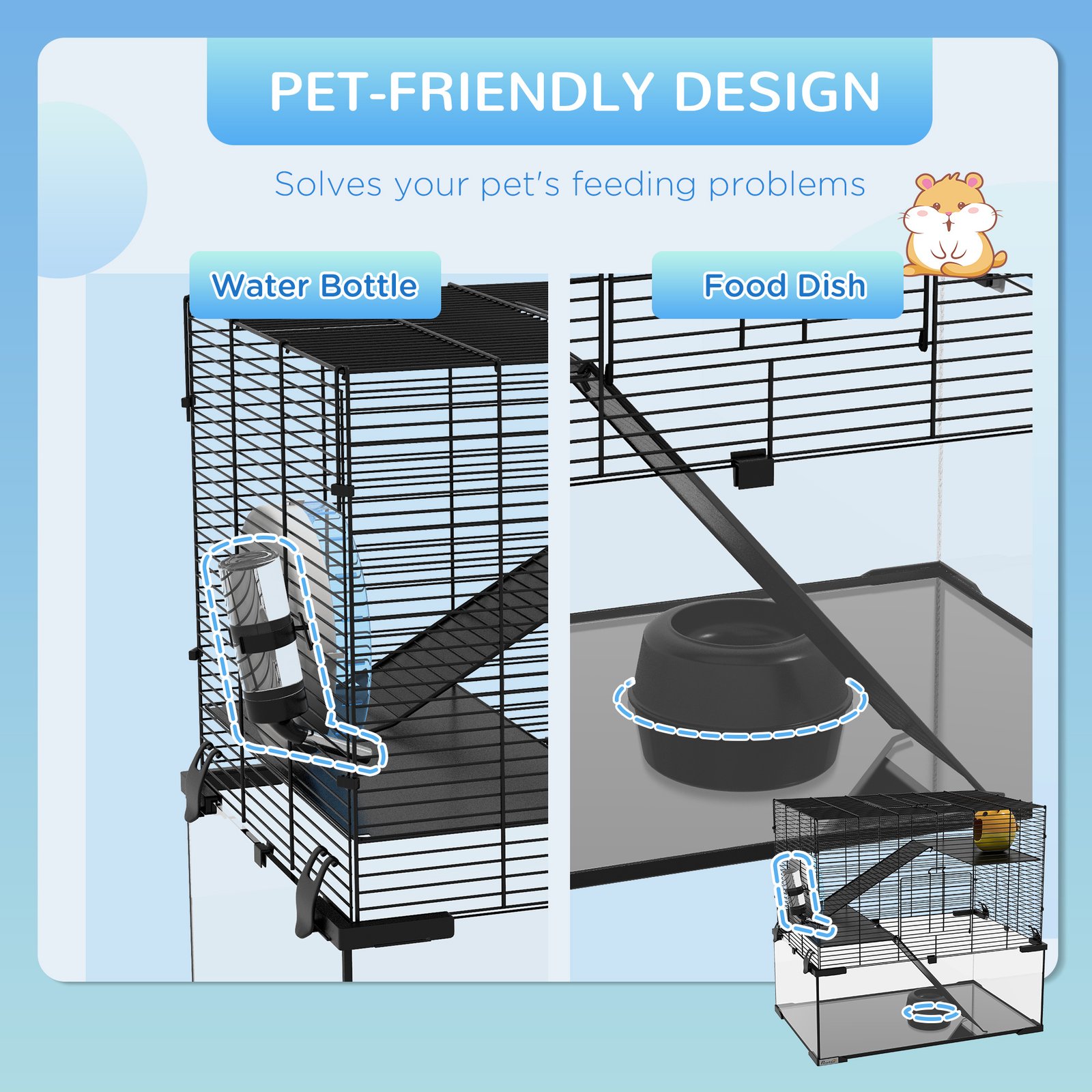3 Tiers Hamster Cage, Gerbil Cage with Deep Glass Bottom, Non-Slip Ramps, Platforms, Hut, Exercise Wheels, Water Bottle, Dish, for Syrian Hamster, Dwarf Hamster, 60 x 40 x 54.5cm - Image 5