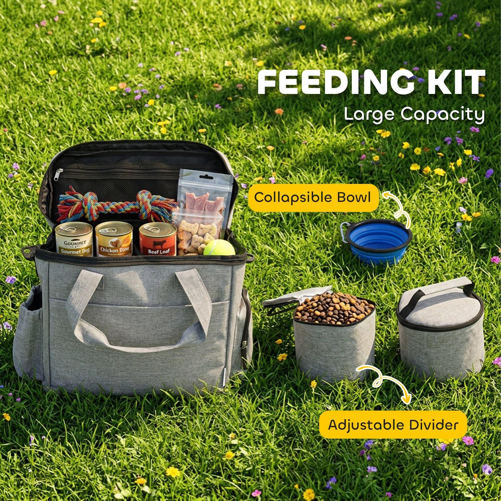 Dog Travel Bag, Waterproof Walking Bag with Multiple Pockets, Two Food Containers and Collapsible Bowl for Cat Puppy
