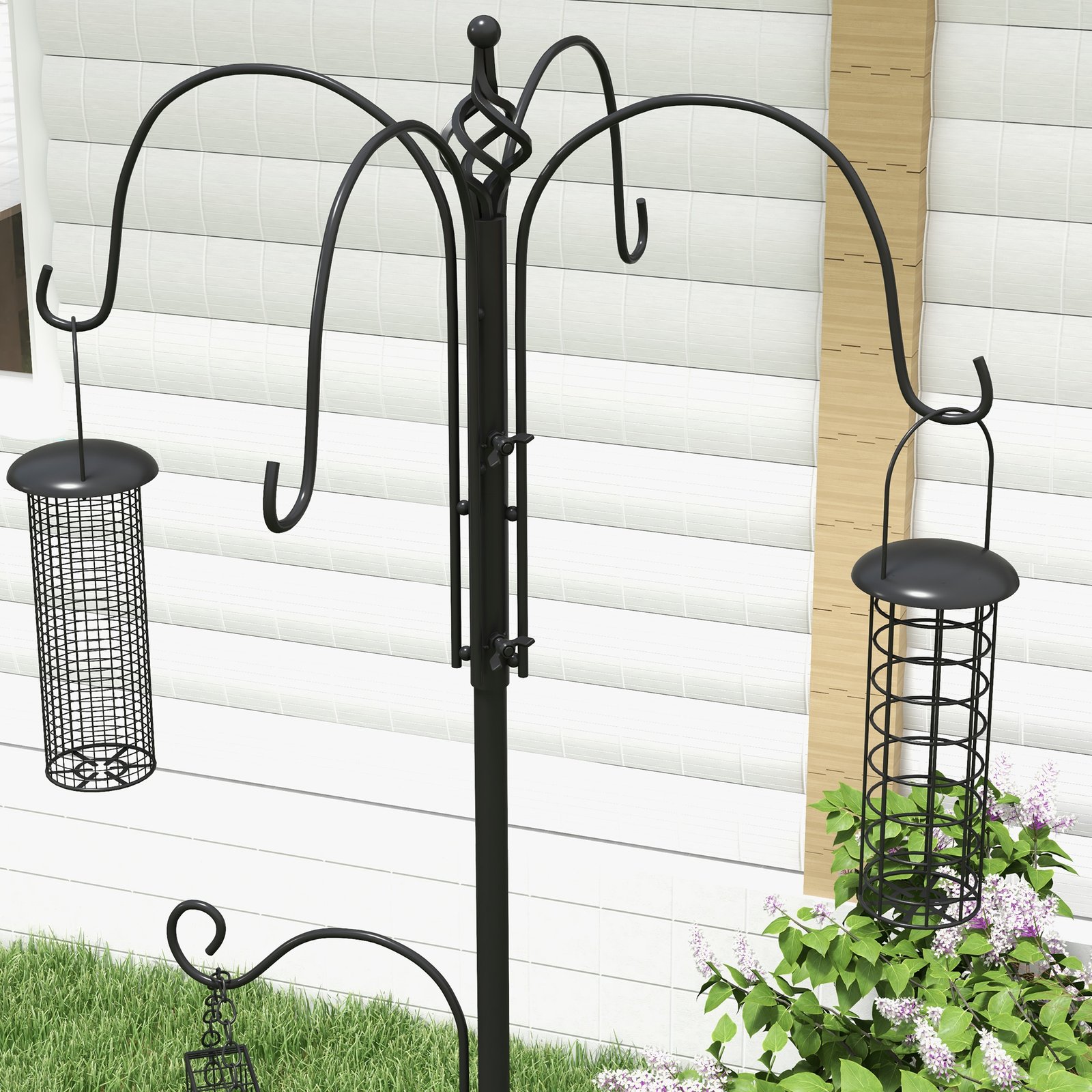 Bird Feeding Station Kit, Wild Bird Feeder Pole with 6 Hooks, 4 Hanging Feeders for Peanuts, Seed, Fat Balls, for Garden, Outdoor, Black