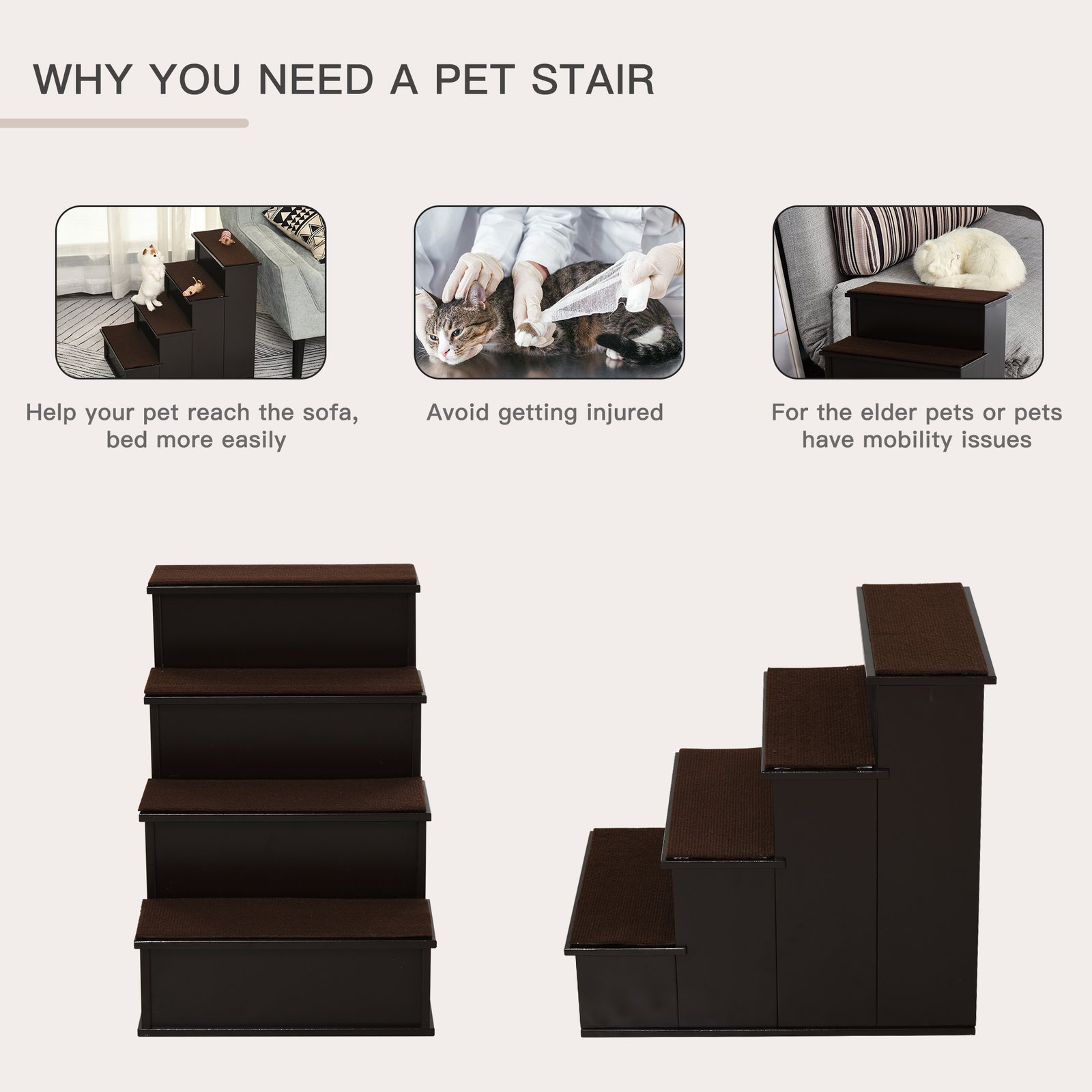 4 Step Dog Steps for Bed, Wooden Dog Steps for Sofa, Pet Stairs for Bed Couch with Non-Slip Carpet for Cats and Puppies, 40 x 59 x 54.2 cm, Dark brown