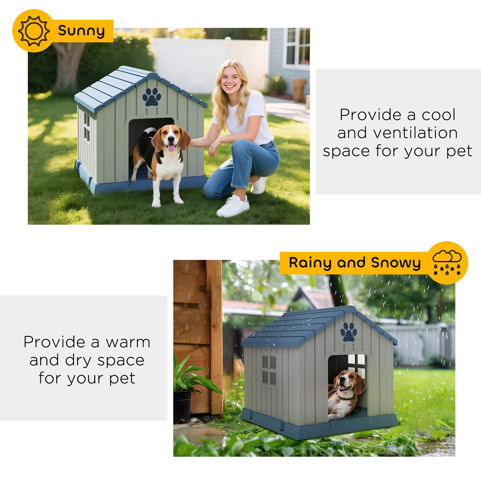 Dog Kennel Outdoor for Medium Dogs, Waterproof Plastic Dog House for Garden, Patio, 85 x 79 x 82 cm, Grey