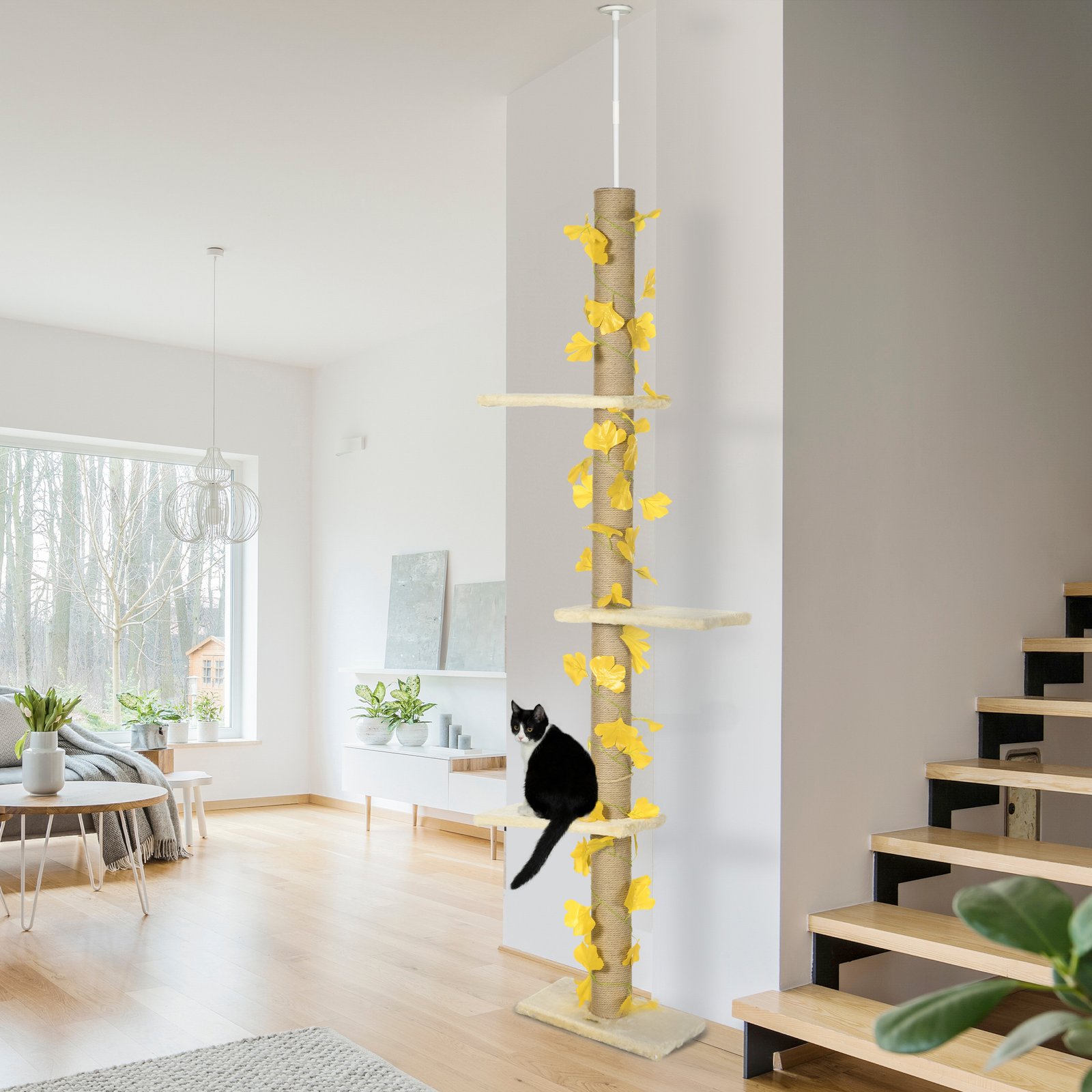 242cm Adjustable Floor-To-Ceiling Cat Tree, with Artificial Decoration, Perches, Anti-Slip Kit - Yellow - Image 8