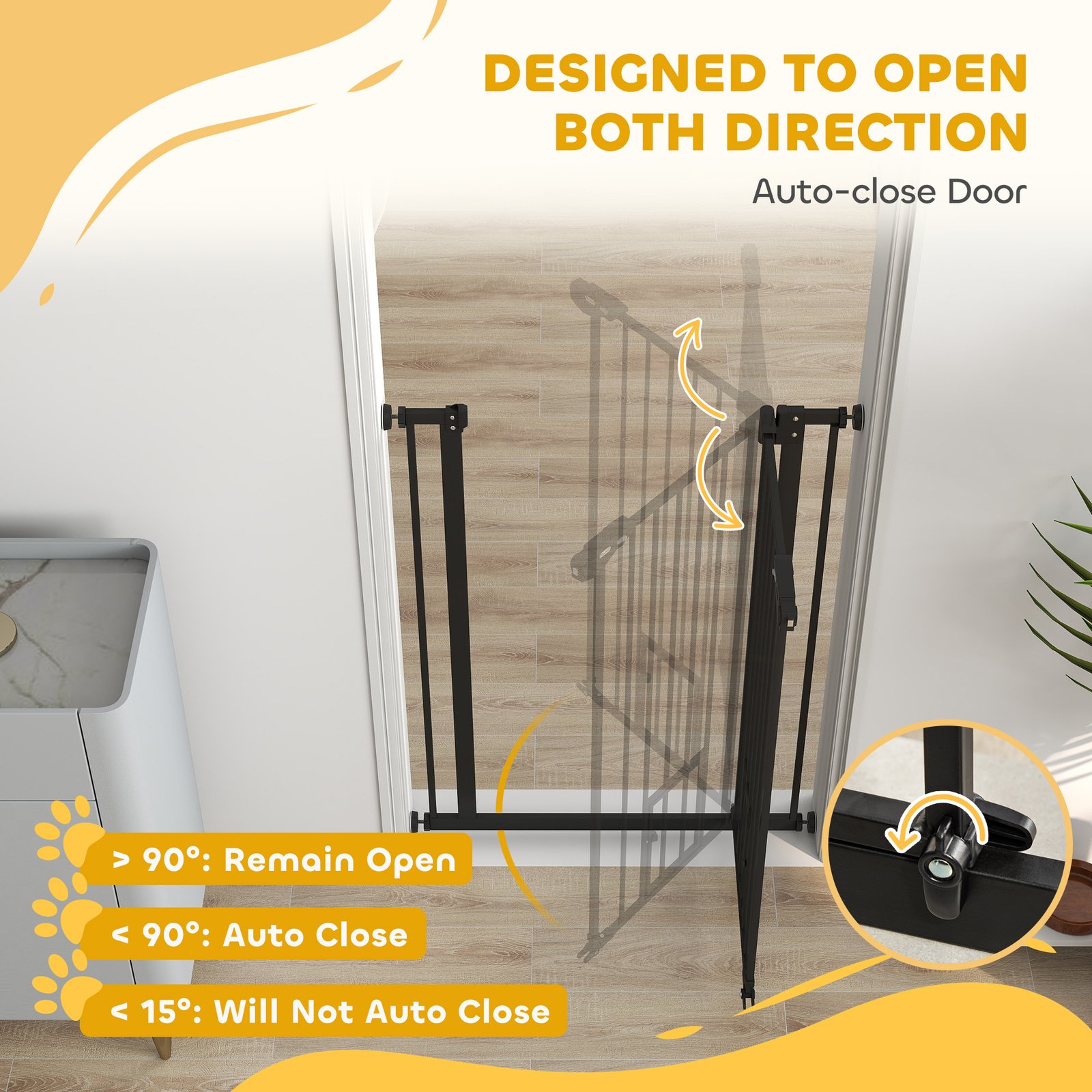 Extra Tall Pet Gate, Indoor Dog Safety Gate, with Cat Flap, Auto Close, 74-80cm Wide - Black