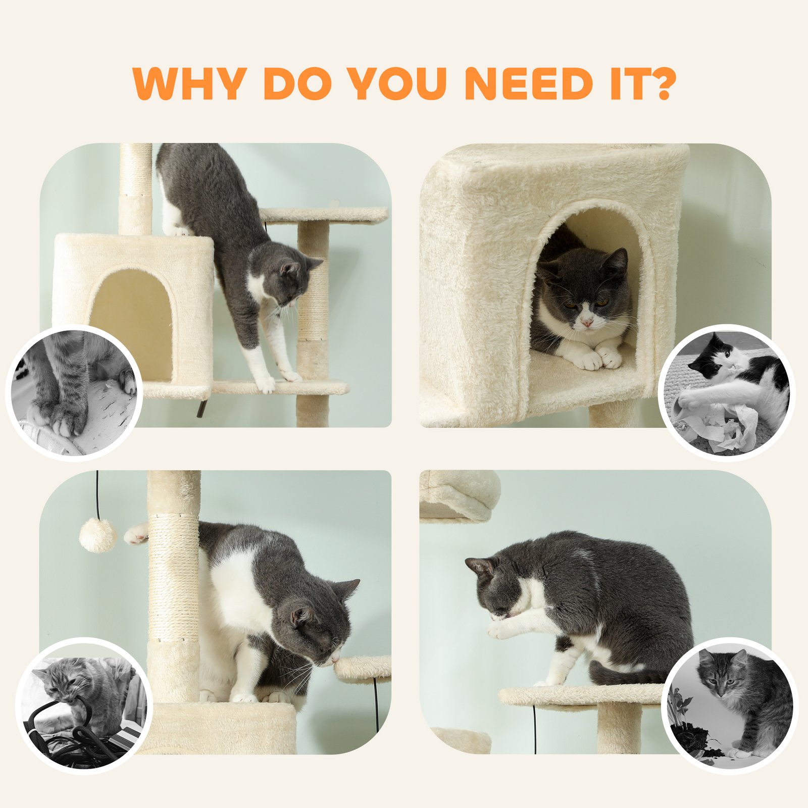 202cm Cat Tree with 6 Scratching Posts, 2 Hammocks, 2 Condos, 2 Perches, Pompoms, for Cats to Rest and Play, Beige - Image 8