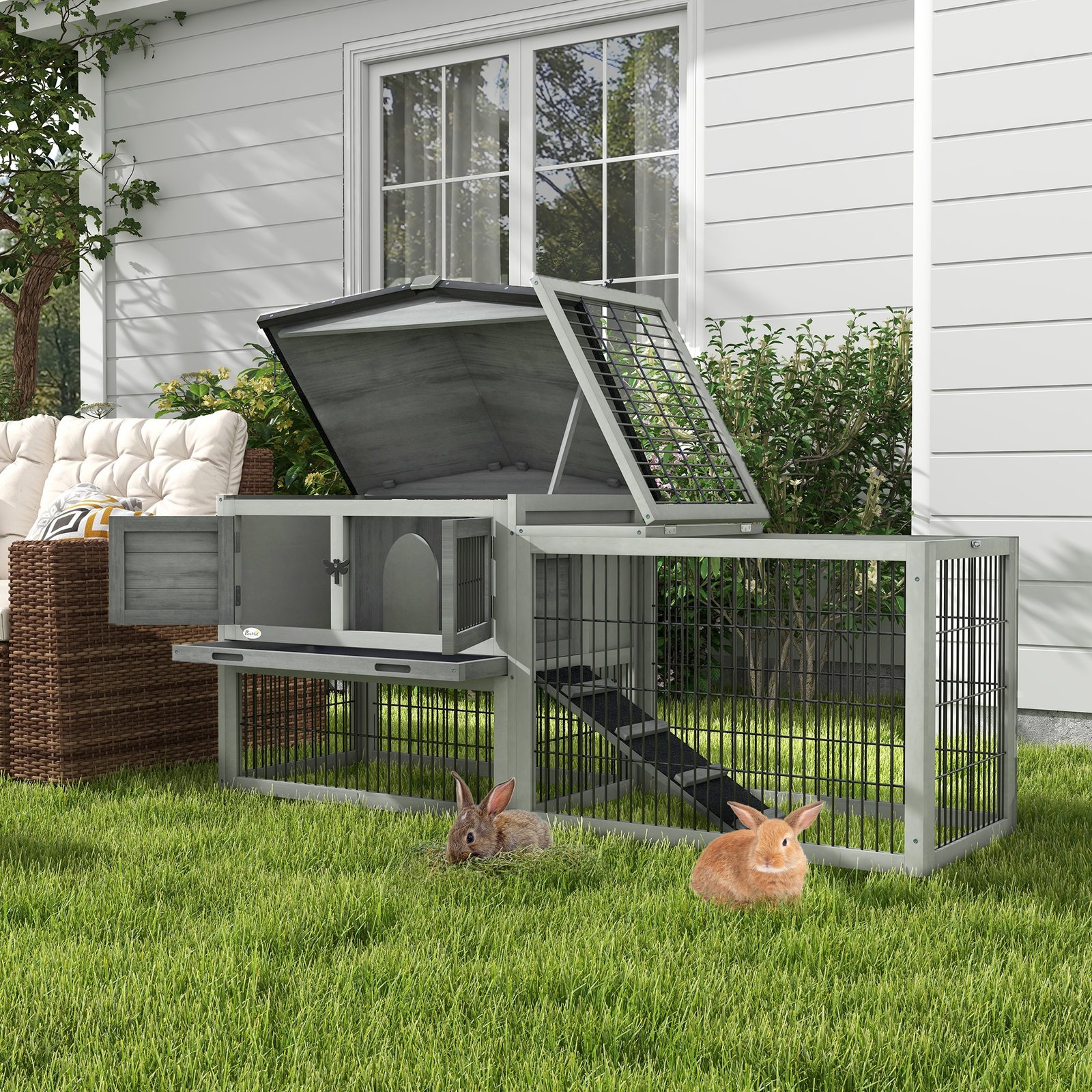 Wooden Rabbit Hutch with Outdoor Run Grey - Image 9