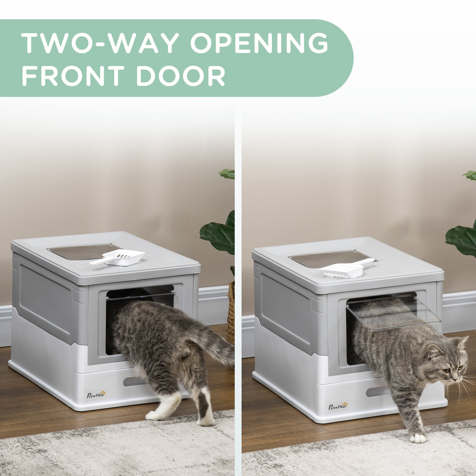 Hooded Cat Litter Box, Portable Pet Toilet, with Scoop, Front Entry - Grey