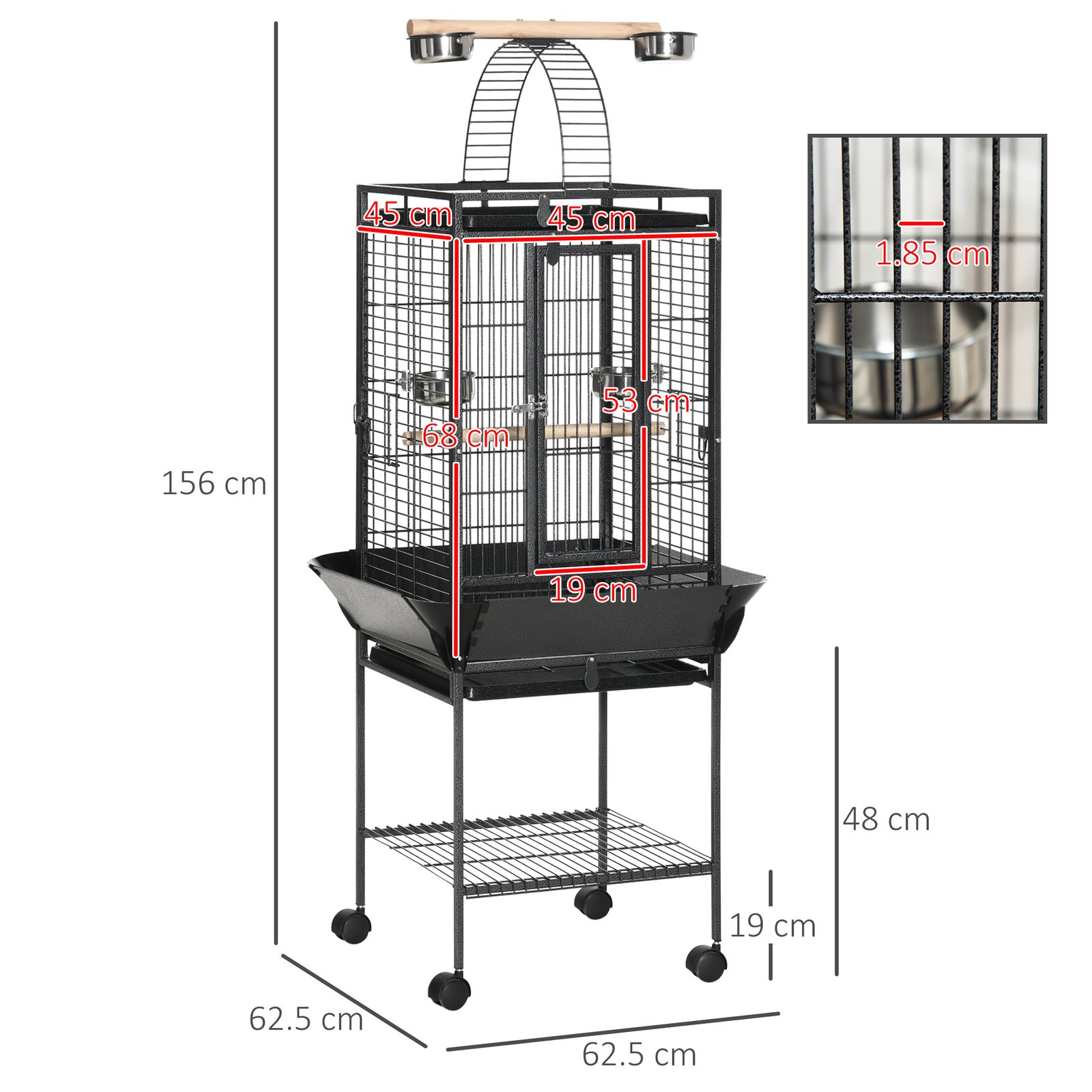 156cm Bird Cage,Large Parrot Cage with Open Play Top, Perch, Seed Guard, Wheels, Storage Shelf, Dark Grey