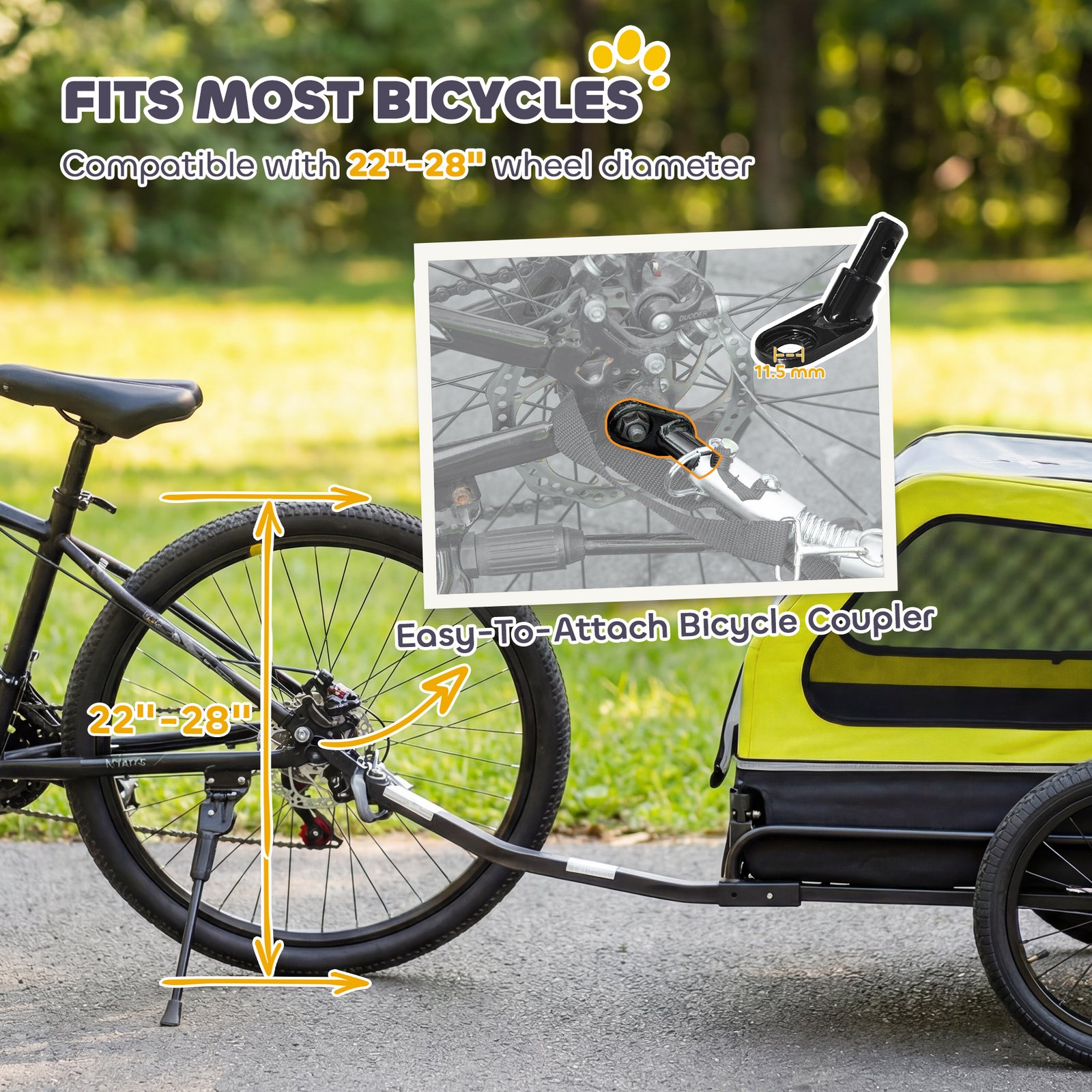 Dog Bike Trailer with Flip-Down Ramp Tailgate, Quick Release Frame, Universal Bicycle Coupler, Reflectors, Yellow