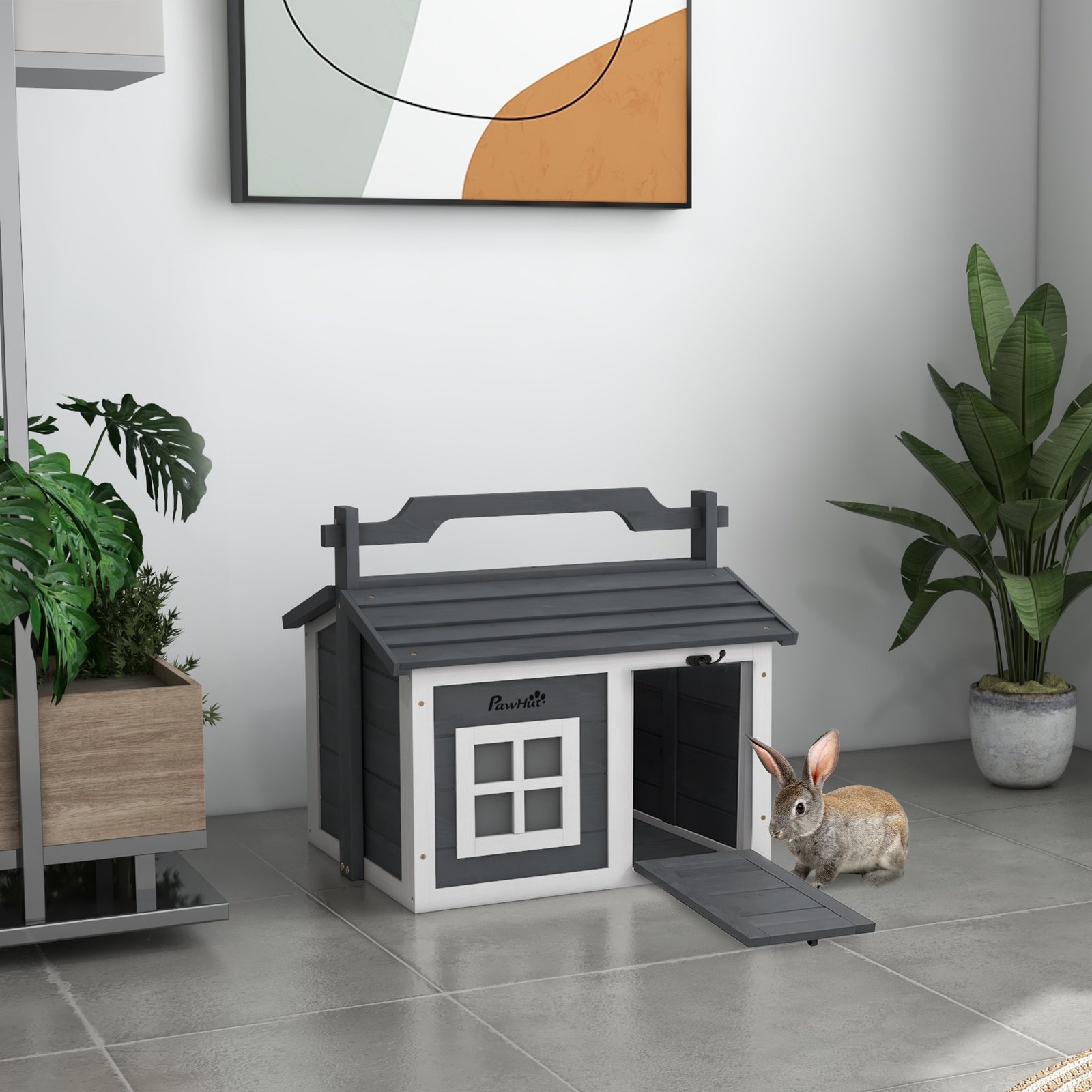 Indoor Rabbit Hutch, Portable Small Animal Cage Outdoor, with Top Handle, Openable Roof - Grey