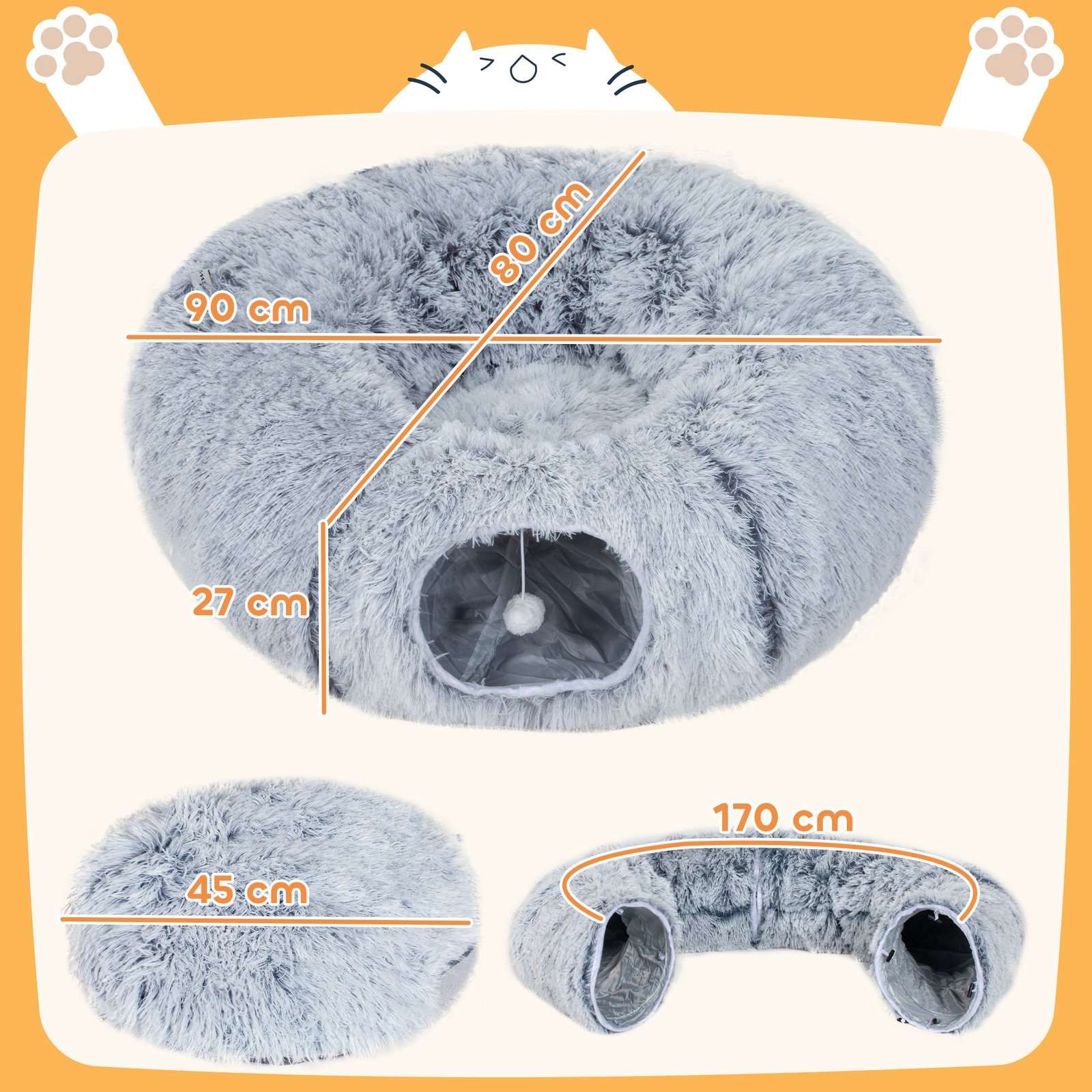 2-in-1 Donut Cat Tunnel with Washable Bed, Play Tunnel Bed with Toy Ball and Door Hole for Indoor Cats, Light Grey - Image 3