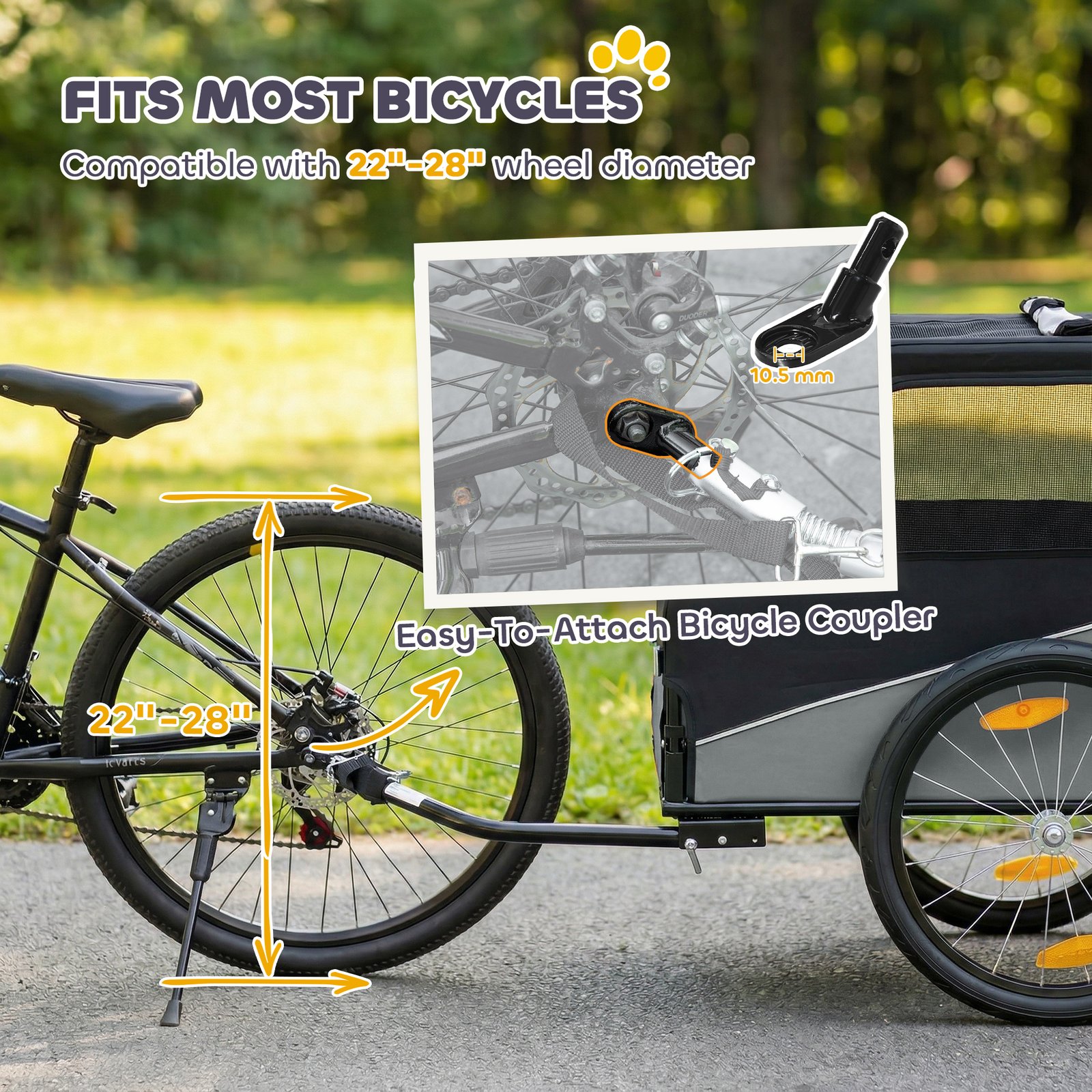 Dog Bike Trailer, Dog Cart Bicycle Carrier for Small and Medium Pets with 20" Inflatable Rubber Wheels, Grey