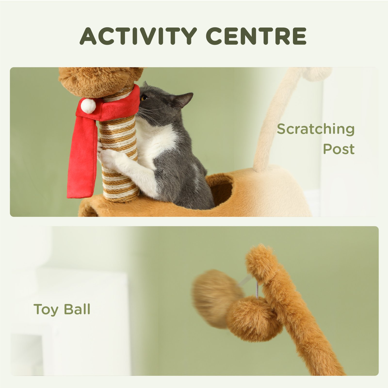 98cm Deer-Designed Cat Tree with Scratching Posts, Toy Ball, Tunnel, Brown - Image 4