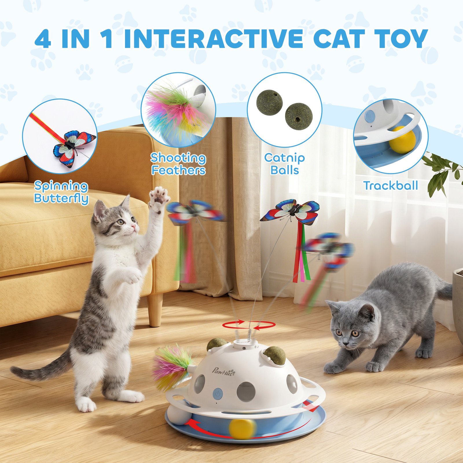 4-in-1 Interactive Cat Toys for Indoor Cats Adult with Spinning Butterfly, Shooting Feathers & Catnip Balls