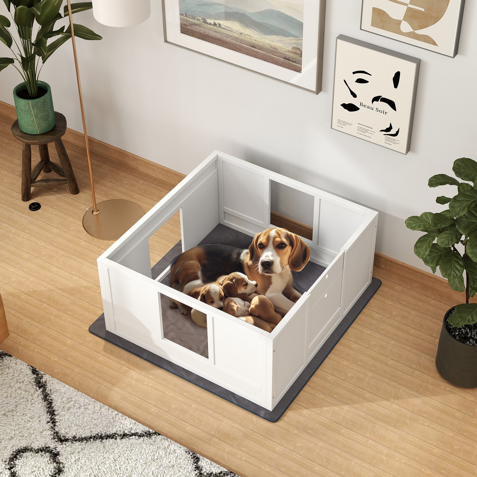 Whelping Box for Dogs with Whelping Pad, Adjustable Entrance, Non-slip Foot Pads, for Medium Dogs, 100 x 96cm