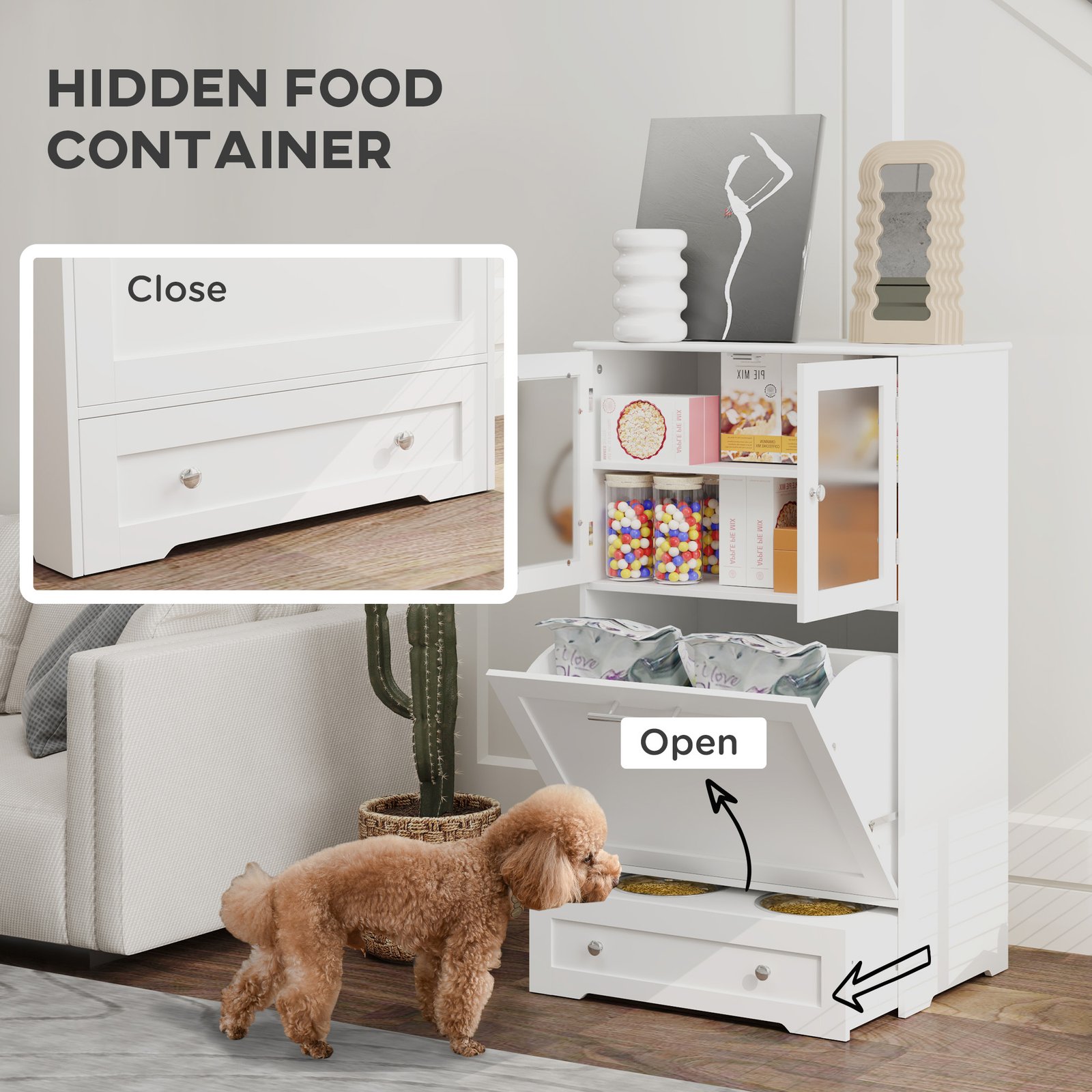 Dog Feeding Station with 2 Storage Cabinets, 2 Elevated Bowls, Side Hooks, Anti-tip Kit for Water and Feeding Supplies