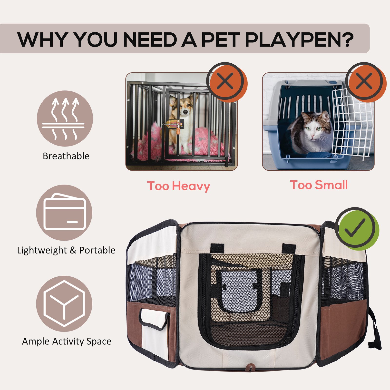 600D Oxford Soft Fabric Kennel, Portable Lightweight Cat Dog Playpen, Foldable Pet Puppy Rabbit Guinea Pig Pen Run Dia 90 x 41H cm Indoor & Outdoor Brown