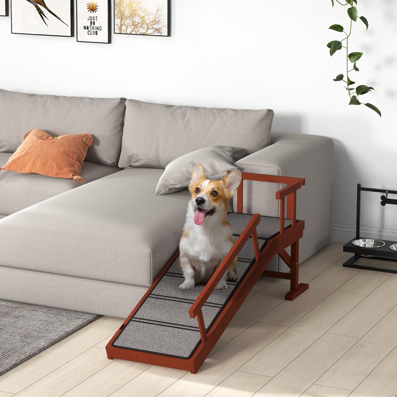Wooden Dog Ramp with Removable Guardrails, Non-Slip Surface, 125 cm Long, Brown