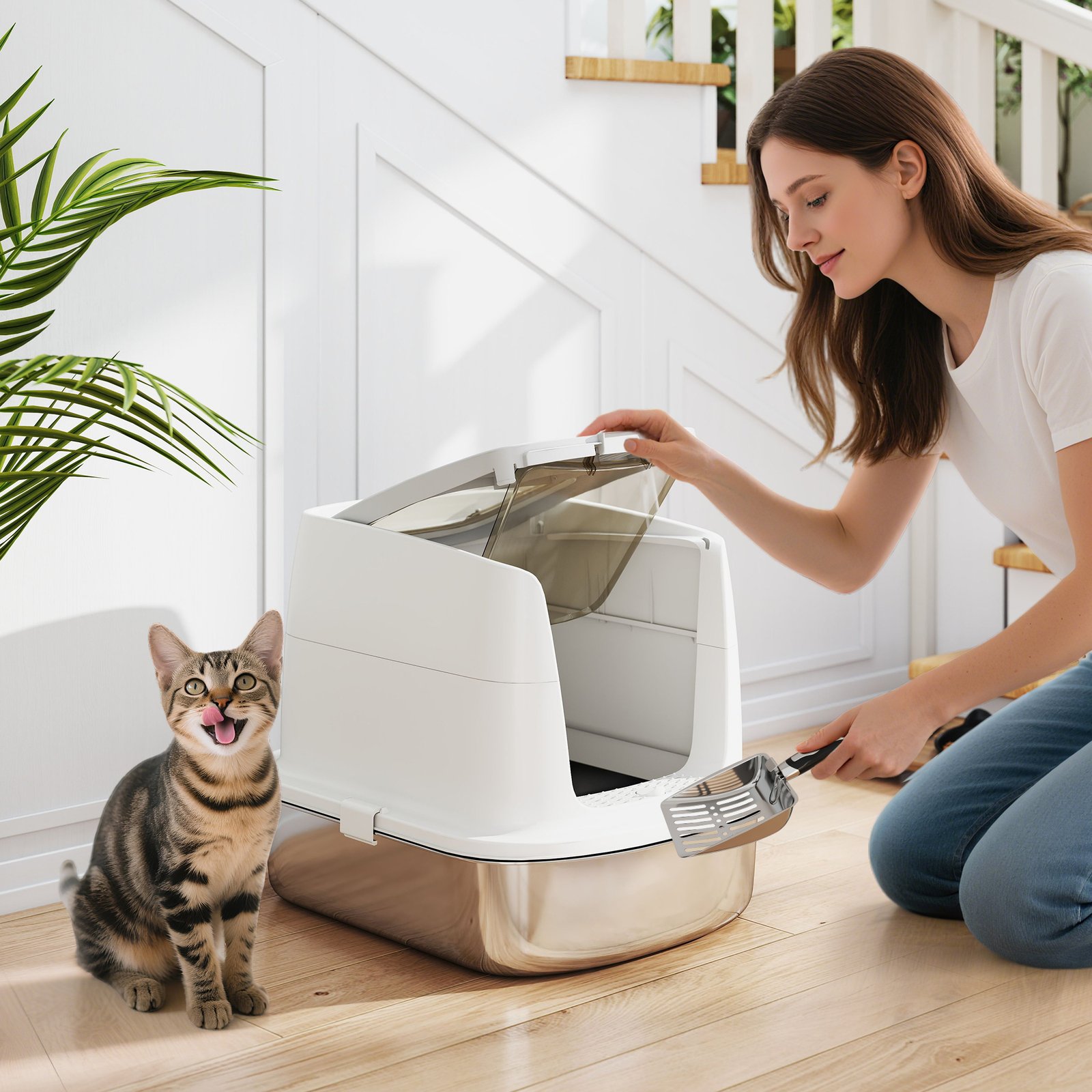 Large Stainless Steel Litter Box, Enclosed Metal Cat Litter Tray with Scoop, Deodoriser Bag, Front-Entry and Top-Exit