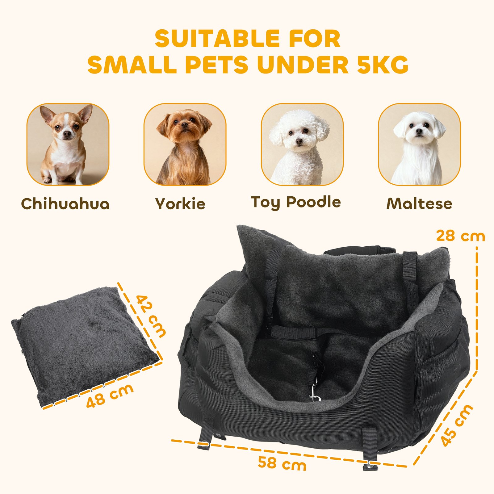 Dog Car Seat for Small Dogs with Fixed Buckle, Safety Leash, Washable Cover, 58 x 45 x 28 cm, Black