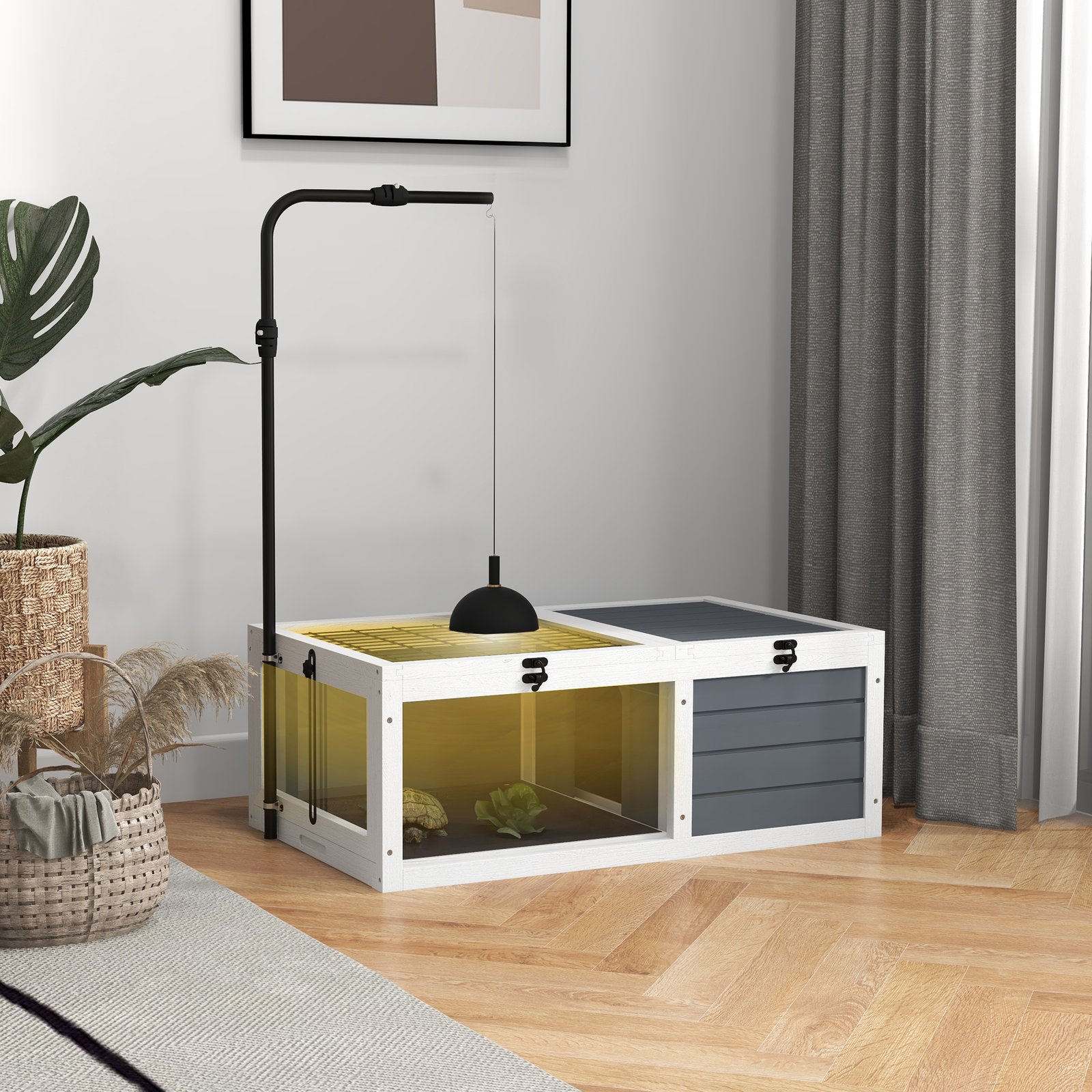 Tortoise Table with Adjustable Lamp Holder, Wooden Tortoise House w/ Openable Lids, Pull-Out Trays - Grey