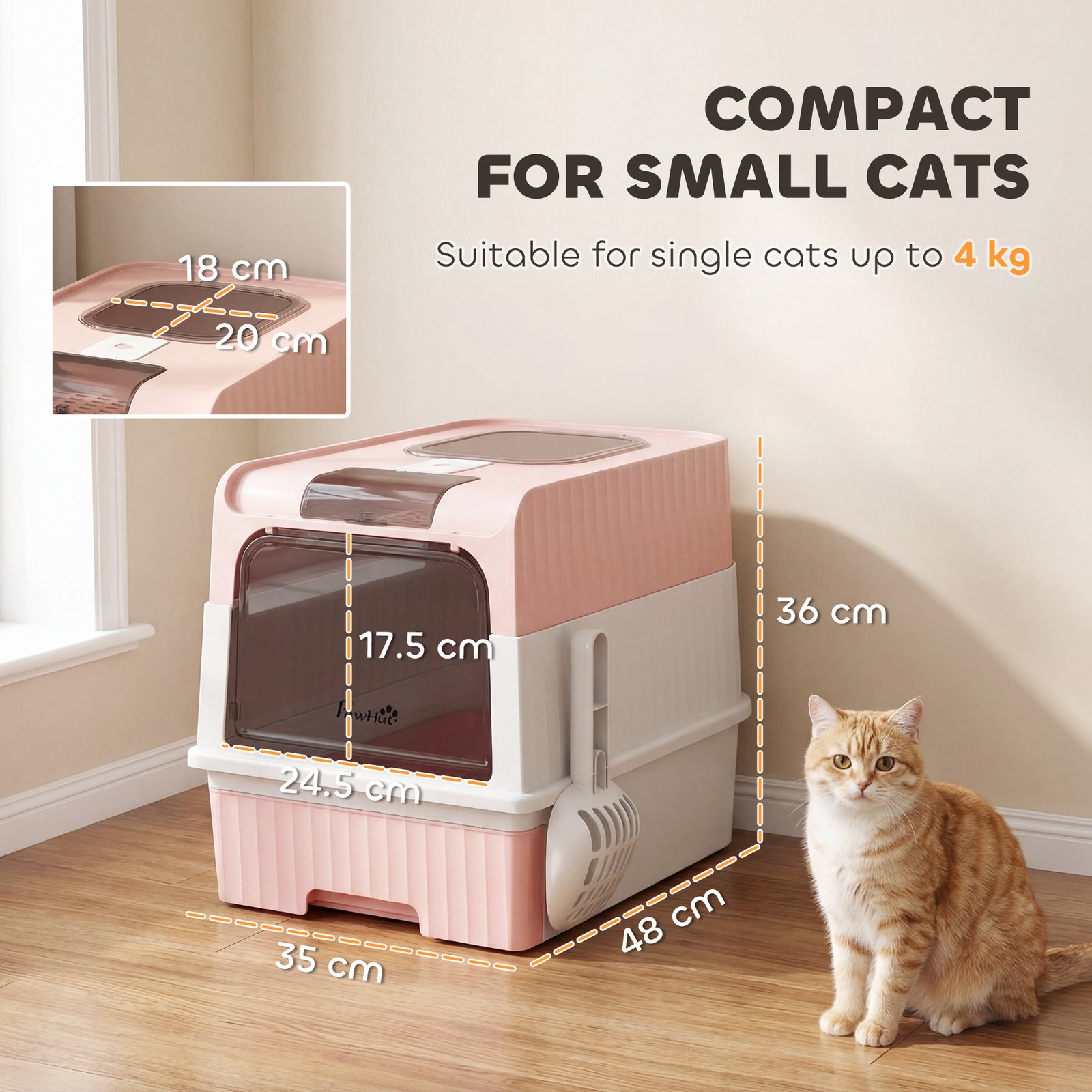 Enclosed Cat Litter Box with Lid, Pull-Out Drawer Tray, Scoop, 4 Deodorisation Bags, Front Entry & Top Exit, Pink