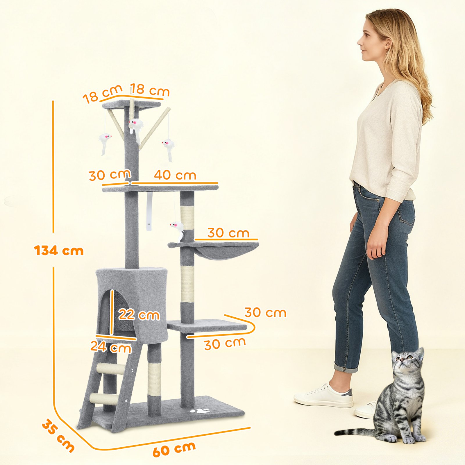 Multi-Level Cat Tower, 134cm Cat Tree with Condo and Sisal Scratching Posts for Indoor Kittens, Grey - Image 3