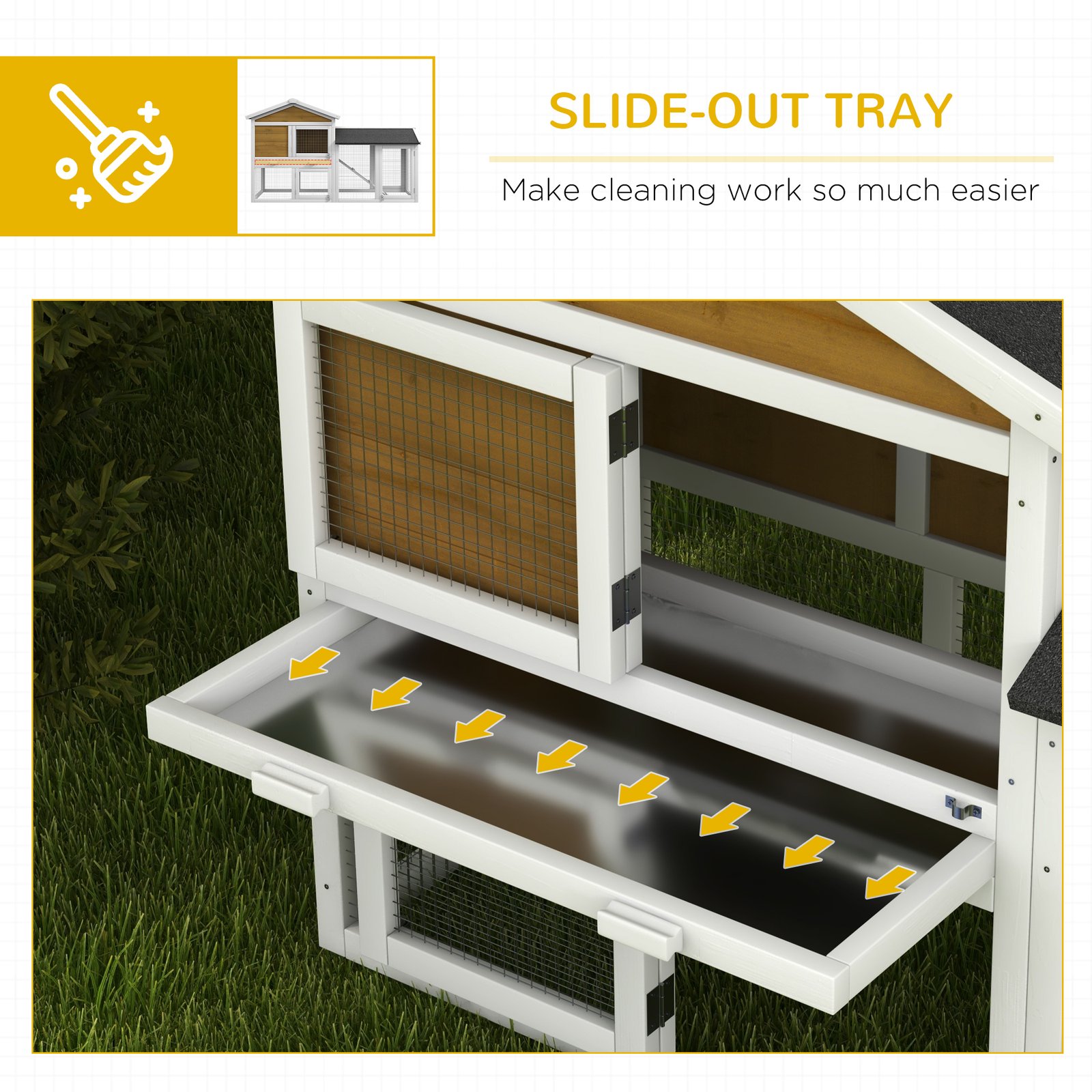Wooden Rabbit Hutch Outdoor, Double Tier with Water-Resistant Roof, Ramp 147 x 54 x 84 cm, Yellow - Image 6