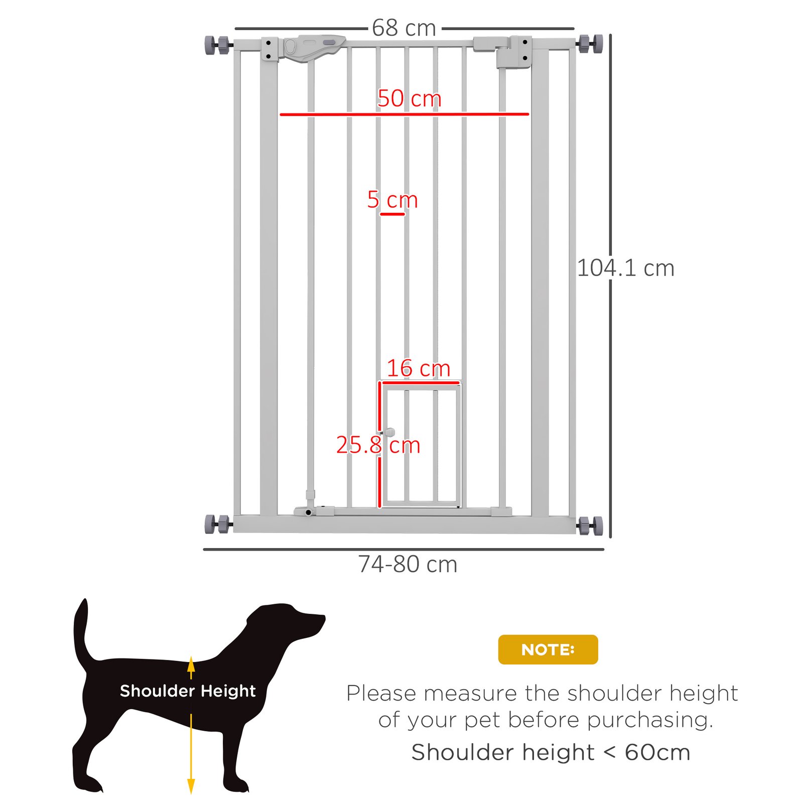 Extra Tall Pet Gate, Indoor Dog Safety Gate, with Cat Flap, Auto Close, 74-80cm Wide - White - Image 3