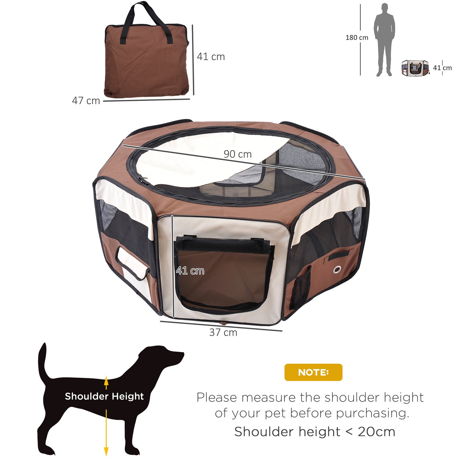 600D Oxford Soft Fabric Kennel, Portable Lightweight Cat Dog Playpen, Foldable Pet Puppy Rabbit Guinea Pig Pen Run Dia 90 x 41H cm Indoor & Outdoor Brown