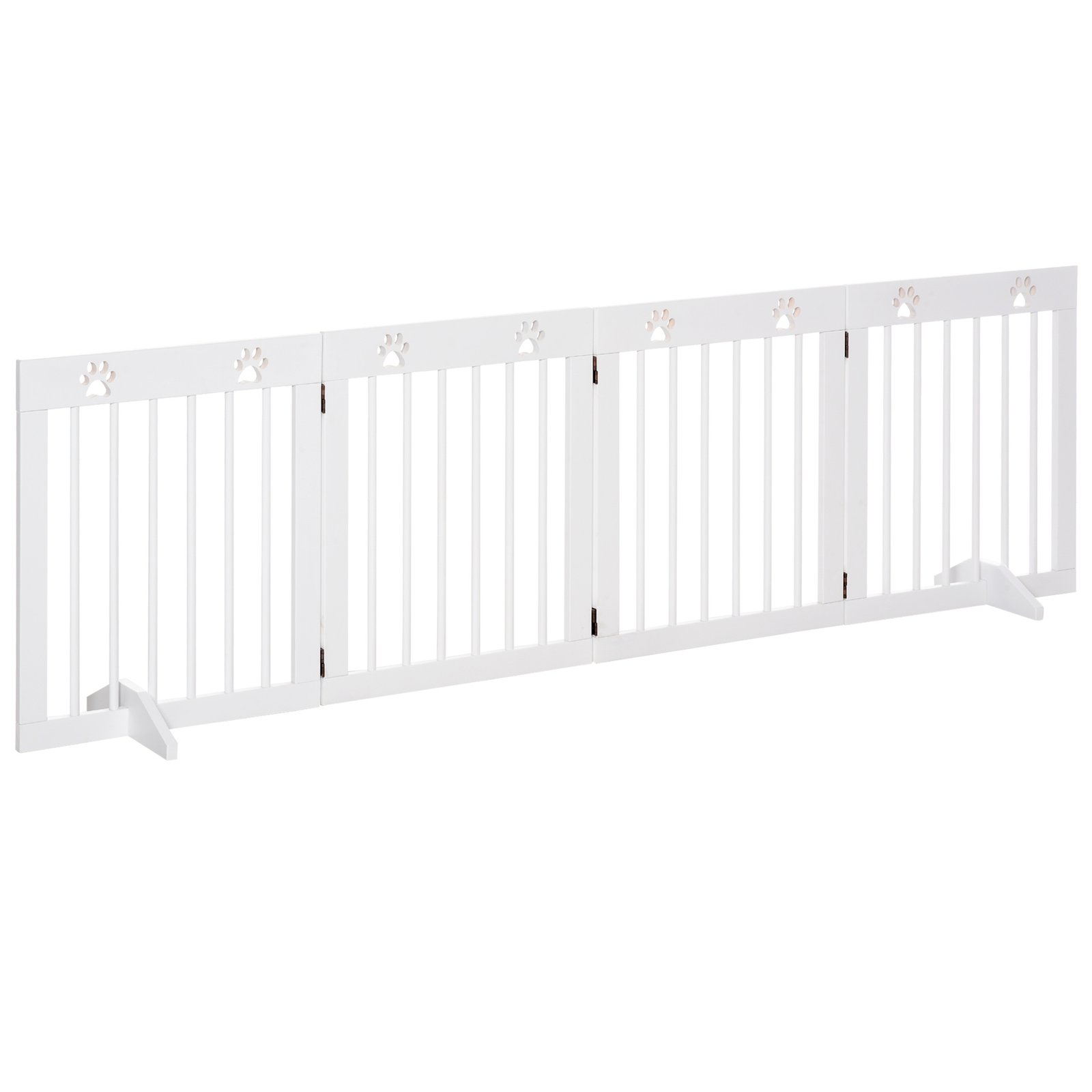 Freestanding Pet Gate 4 Panel Wooden Dog Barrier Folding Safety Fence with Support Feet up to 204cm Long 61cm Tall for Doorway Stairs White