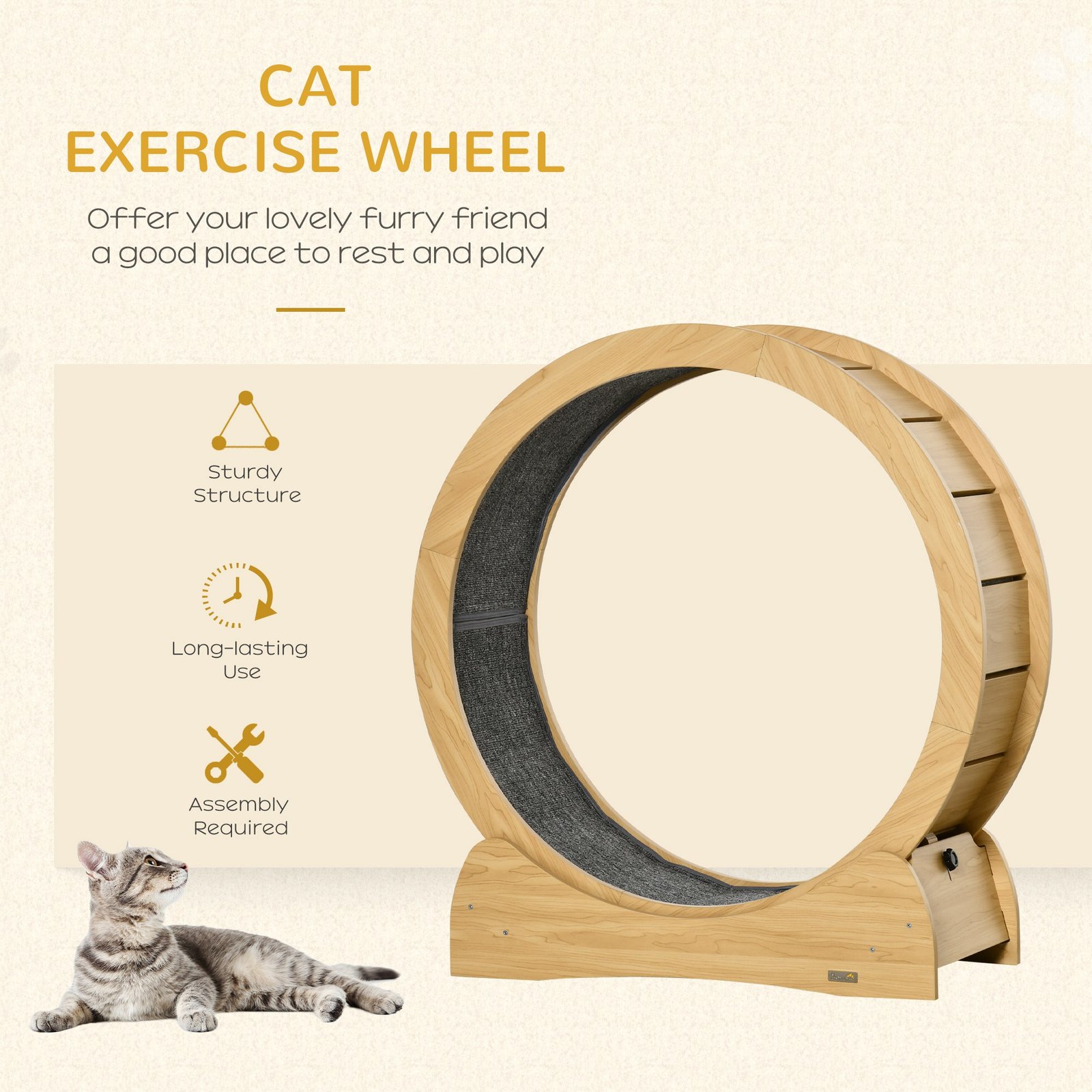 30" Wooden Cat Running Wheel with Brake, Natural Wood Finish - Image 4